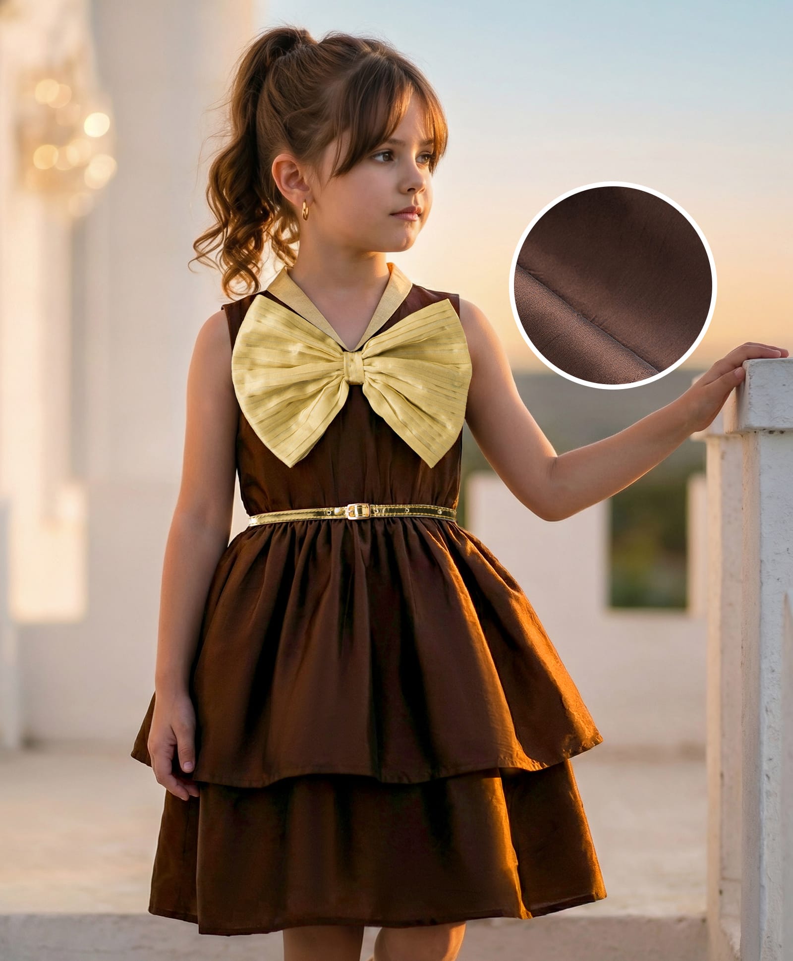 Hola Bonita Woven Sleeveless Party Dress With Big Contrast Bow Appilque & Belt - Brown-image-37