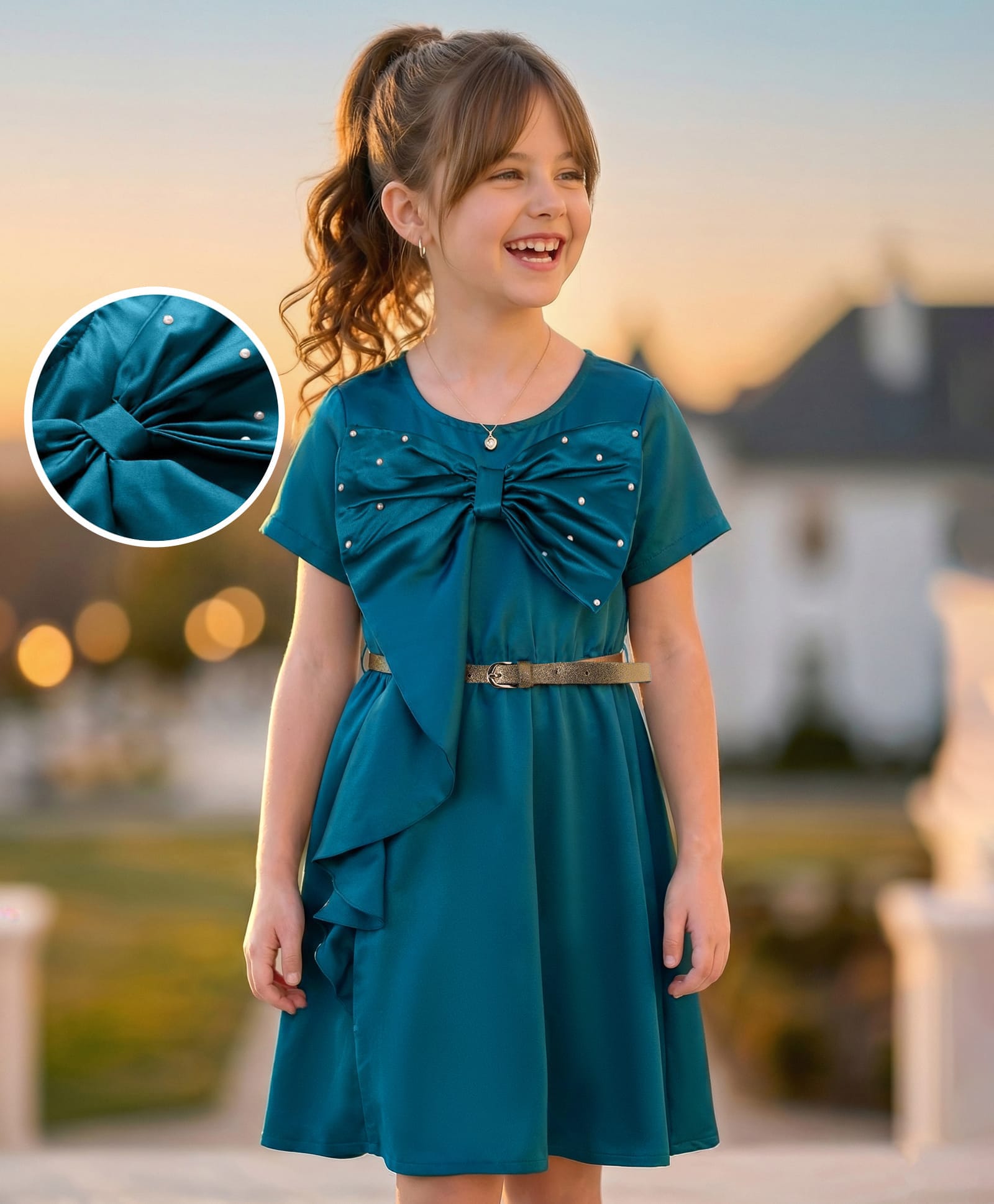 Hola Bonita Woven Half Sleeves Solid Colour Party Dress with Belt Pearl & Bow Detailing - Teal Blue-image-47