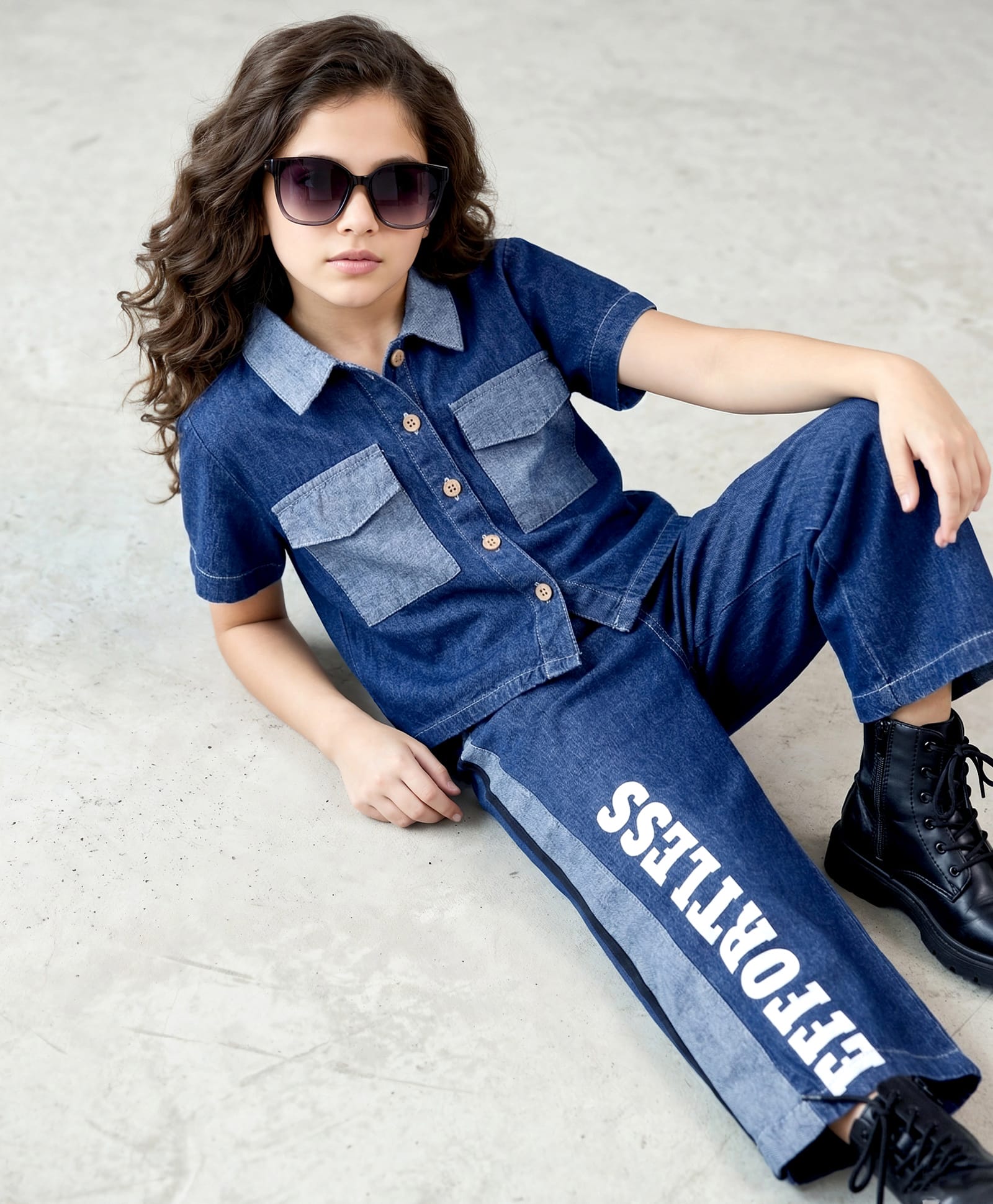 OLLINGTON ST. Denim Co-Ord Set Of Half Sleeves Shirt & Pant Set - Indigo-image-7