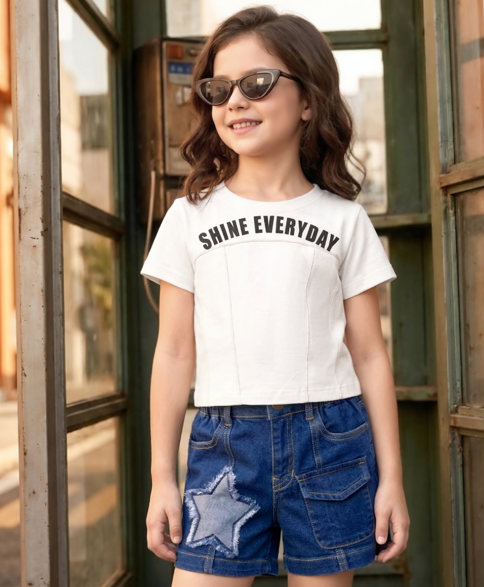 OLLINGTON ST. Cotton Knit Half Sleeves Top With Print & Denim Shorts Set - Off White & Indigo-image-36