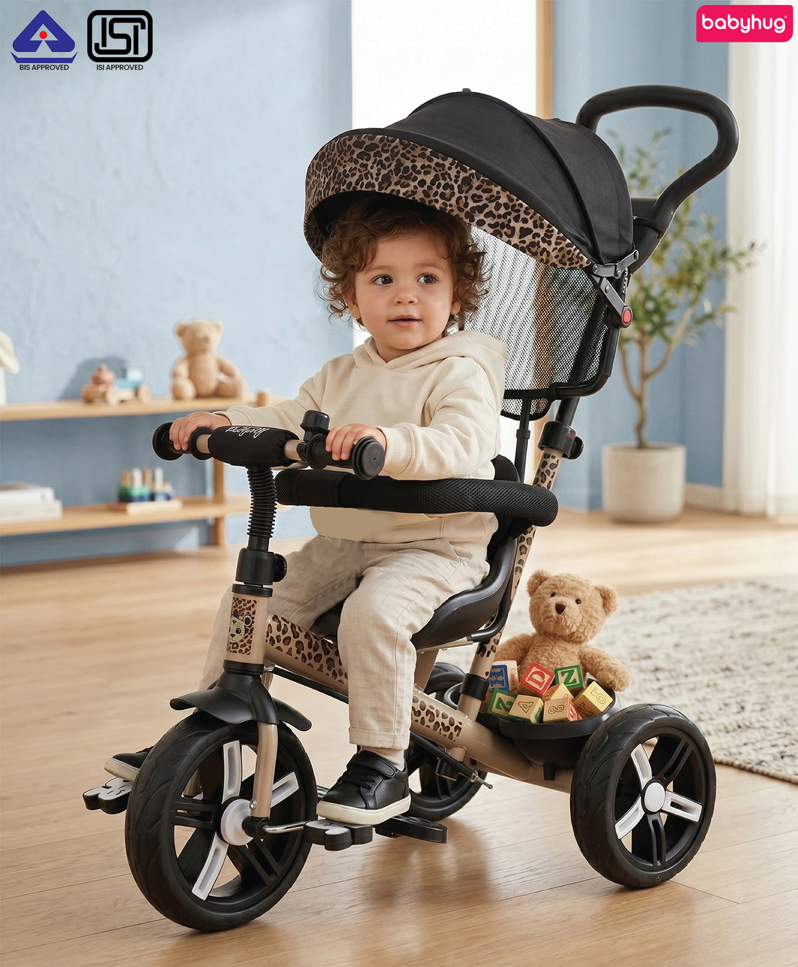 Babyhug Little Leopard Tricycle for Kids with Parental Push Handle & Canopy Toddler Ride-On Trike with Safety Harness BIS Certified Seat with High Backrest Foldable Footrest Anti-Slip Pedals - Beige-image-19