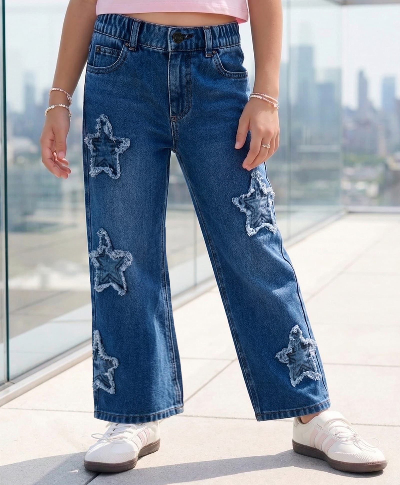 Arias Cotton Woven Full Length Stretchable Dark Wash Denim Jeans With Star Applique - Blue-image-24