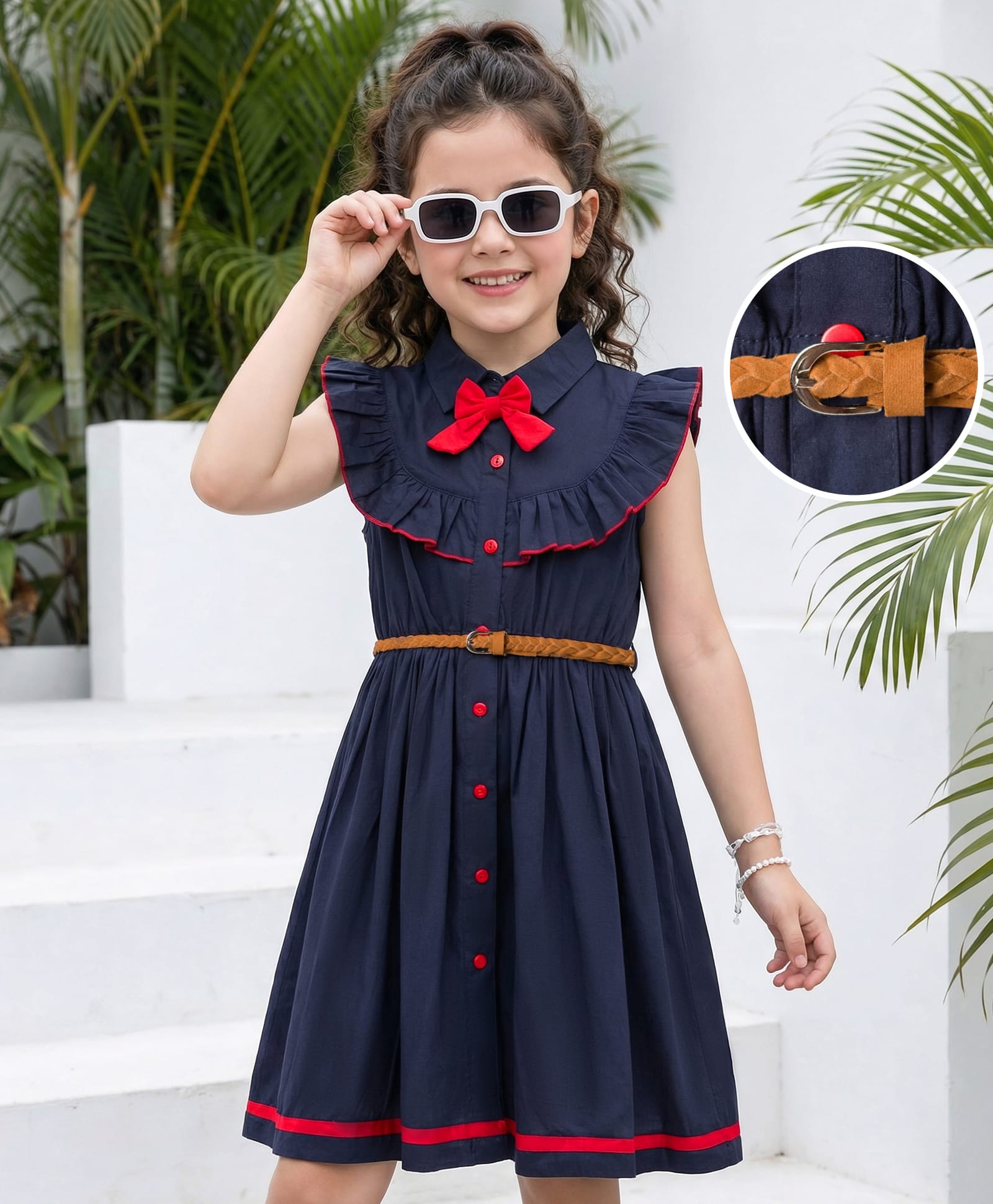 Hola Bonita Cotton Woven Sleeveless Solid Colour Shirt Style Dress with Bow Applique - Navy Blue-image-25