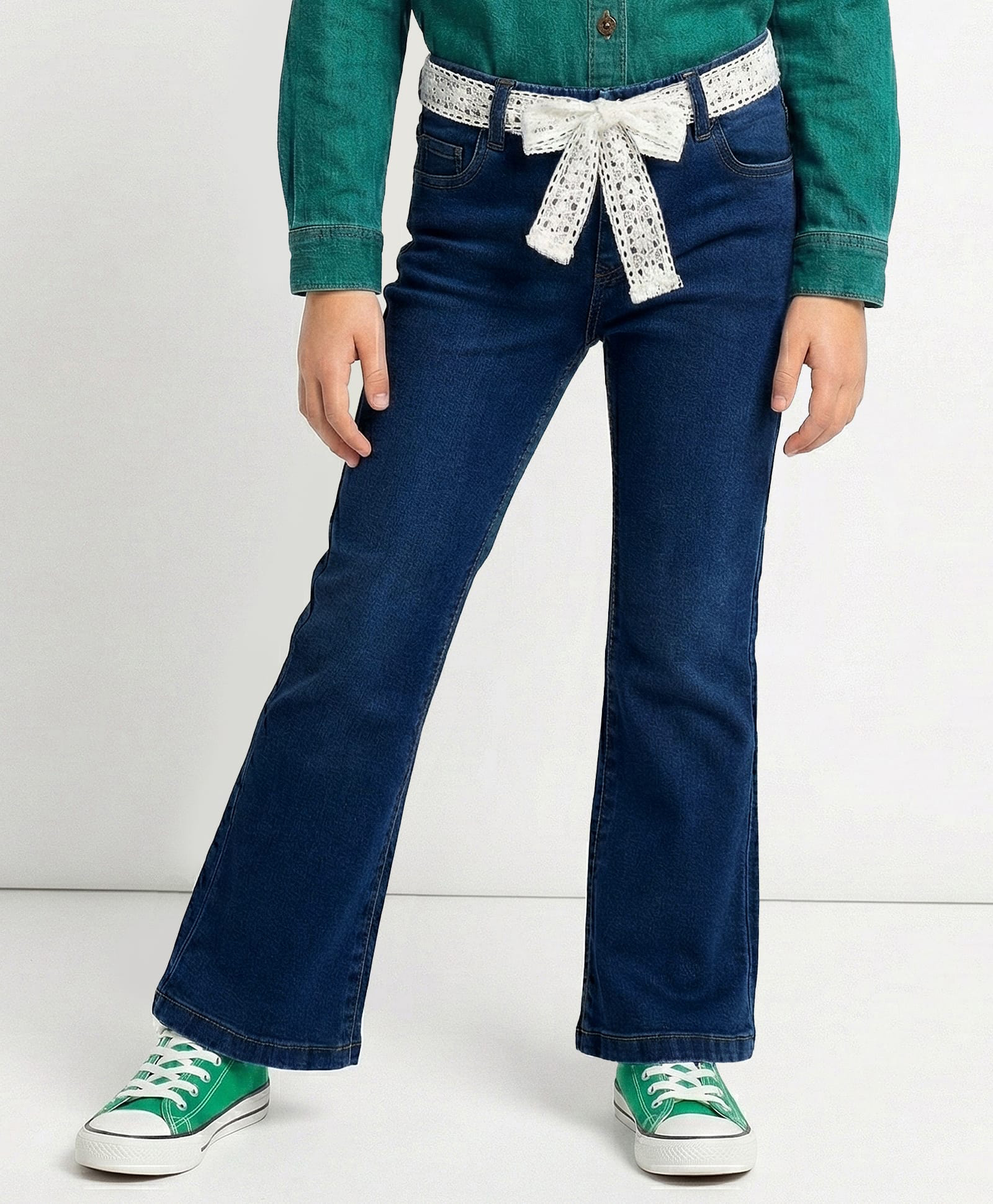 Arias Cotton Woven Full Length Washed Stretch Bootcut Jeans With Lace Belt - Navy Blue