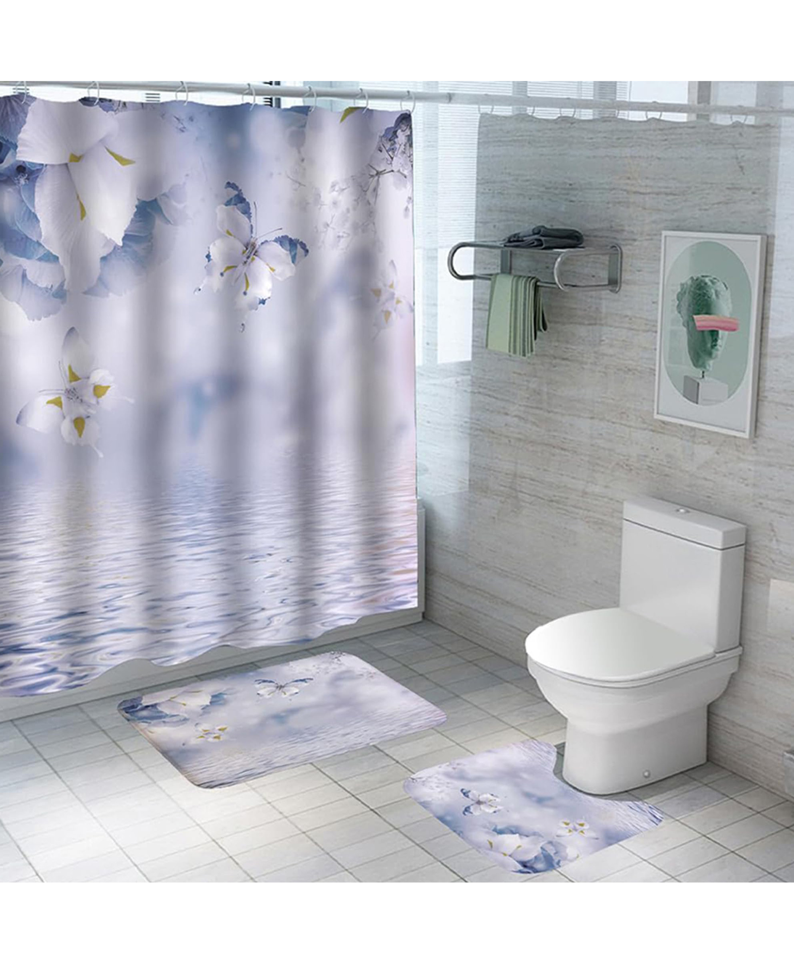The Better Home Shower Curtain(180*180cm) Bathroom Mat(45*75cm) & U Shaped Mat(45*38cm) | 3Pcs Bathroom Accessories Set | Anti Skid Mat For Bathroom Floor | Water-Poof Polyester Material- Coral Wings-image-20