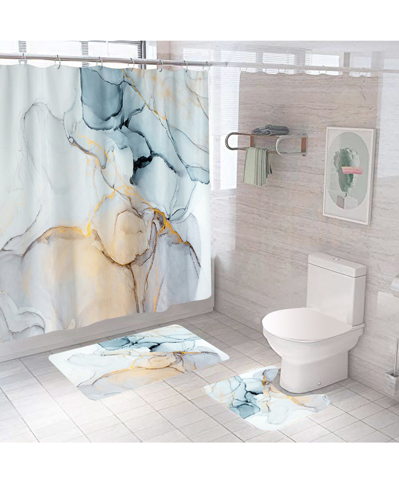 UMAI Shower Curtain(180 * 180cm) Bathroom Mat(45 * 75cm) & U Shaped Mat(45 * 38cm) | 3Pcs Bathroom Accessories Set | Anti Skid Mat for Bathroom Floor | Water-Poof Polyester Material-image-9
