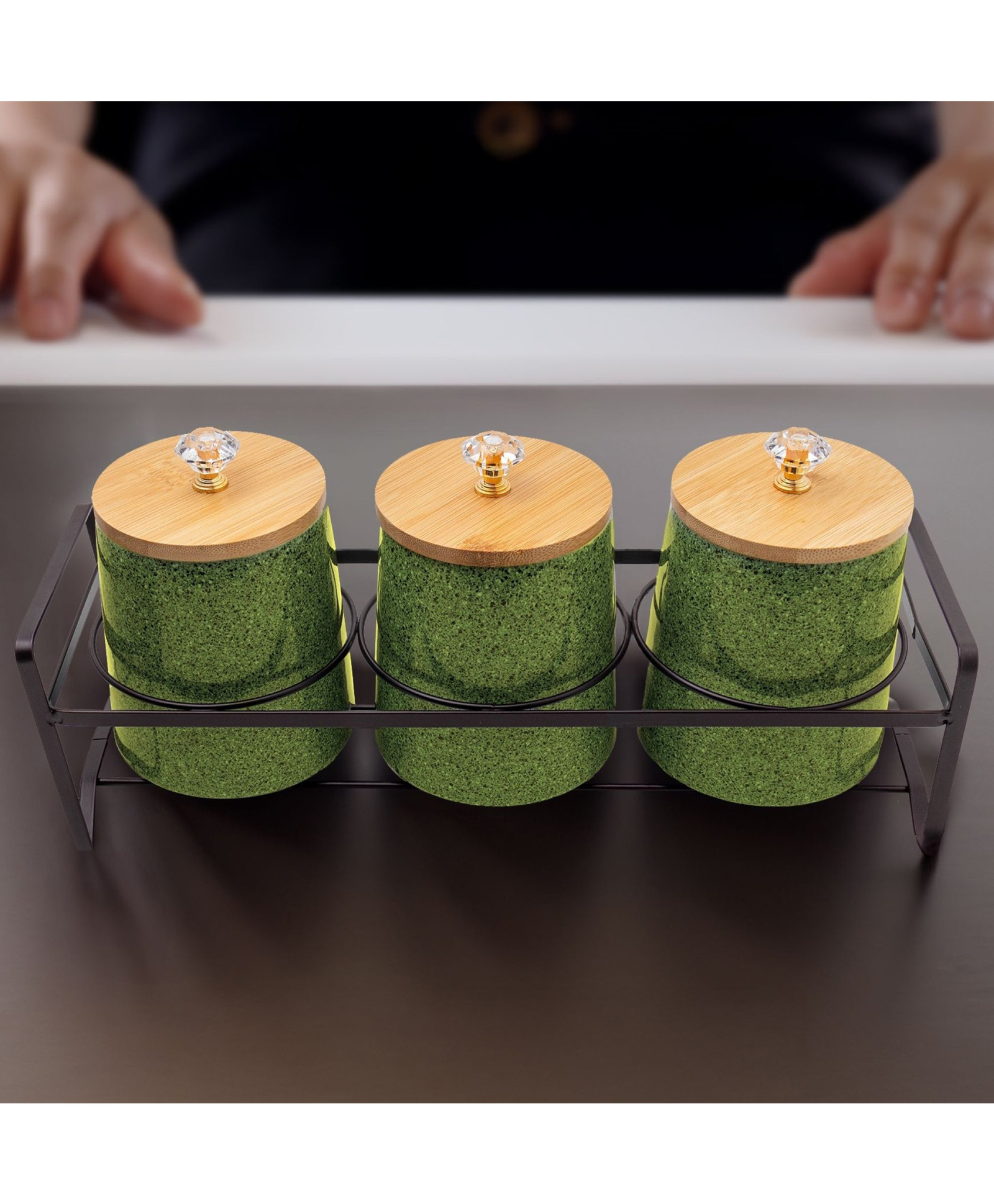 the better home 3 Pcs Ceramic Jar Set with Bamboo Lid Iron Holder|650ml Each | Green | HHD5027S-GN-picture-22