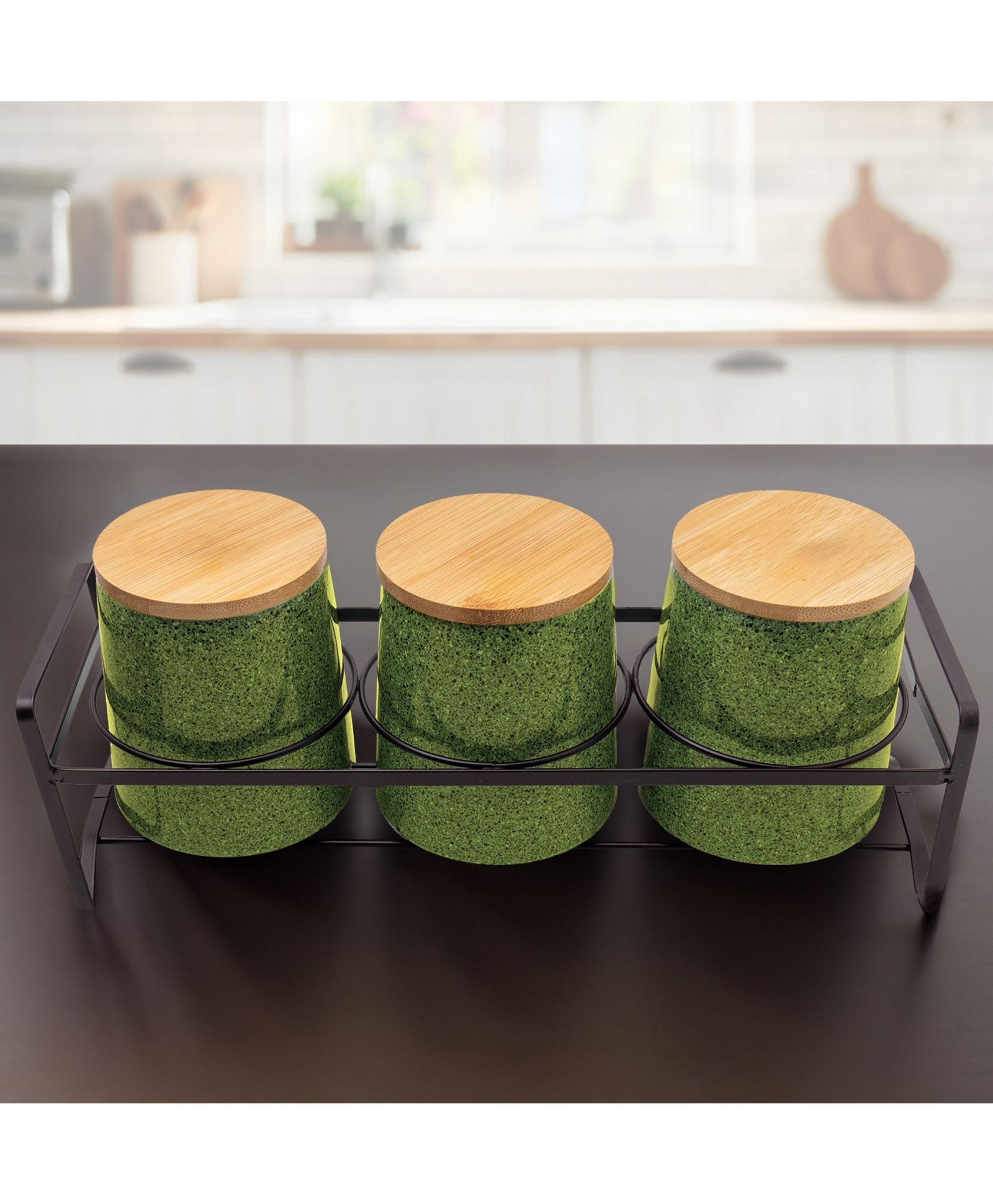 the better home 3 Pcs Ceramic Jar Set with Bamboo Lid Iron Holder|650ml Each | Green | HHD5013S-GN-picture-12