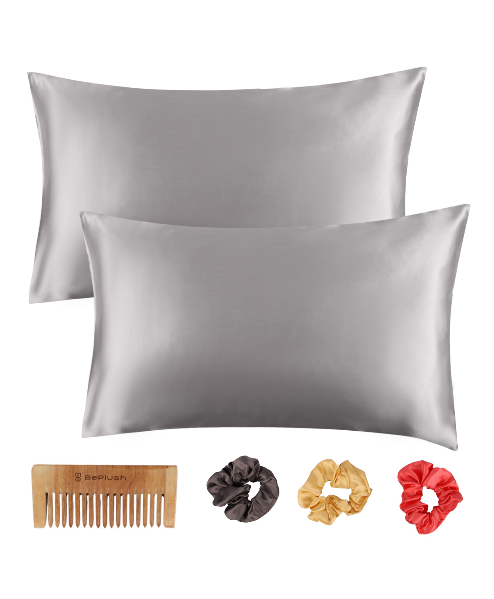 BePlush Satin Pillow Cover Set Of 2 with Envelope Closure and 3 Satin Scrunchies | Silk Pillow Cover for Hair and Skin Care | Includes 1 Wooden Comb | Hair & Skin Care Gift Combo | 400TC | Silver Grey-image-28