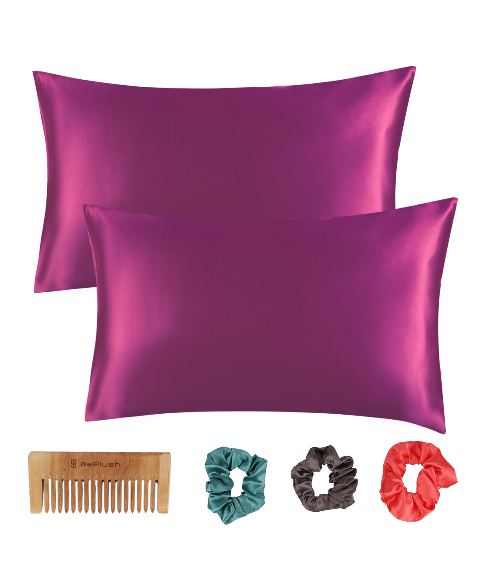 BePlush Satin Pillow Cover Set Of 2 with Envelope Closure and 3 Satin Scrunchies | Silk Pillow Cover for Hair and Skin Care | Includes 1 Wooden Comb | Hair & Skin Care Gift Combo | 400TC | Dark Brown-image-43
