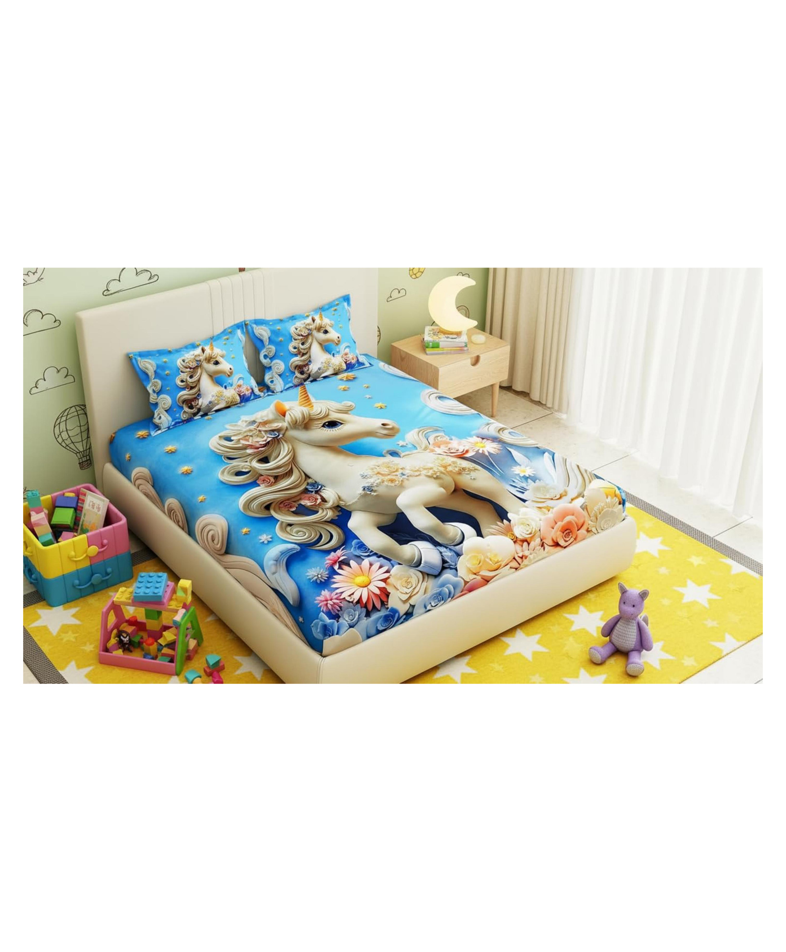 Filymore 7D kids Cute Unicorn bedsheet for double bed 300 TC made with pure microfiber 1 bedsheet and 2 pillow covers (Size 275 x 275cm)(Colour-Pink and White)-picture-15