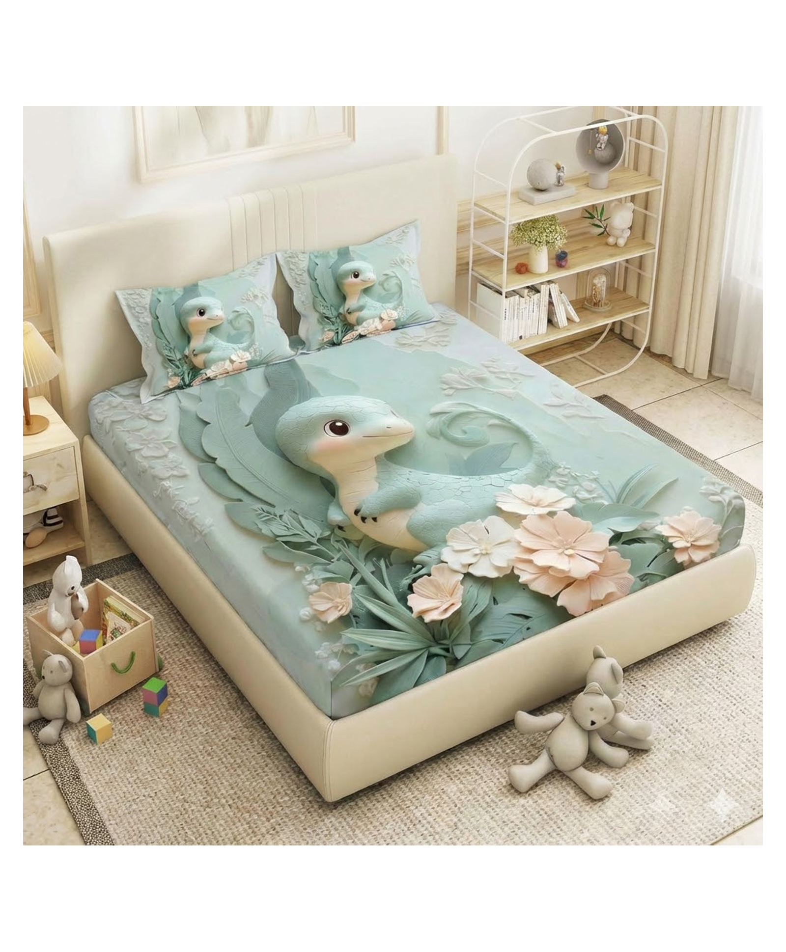 Filymore 7D Kids Cute Dragon bedsheet for double bed 300 TC made with pure microfiber 1 bedsheet and 2 pillow covers (Size 275 x 275 cm) (colour-Green and Cream)-picture-16