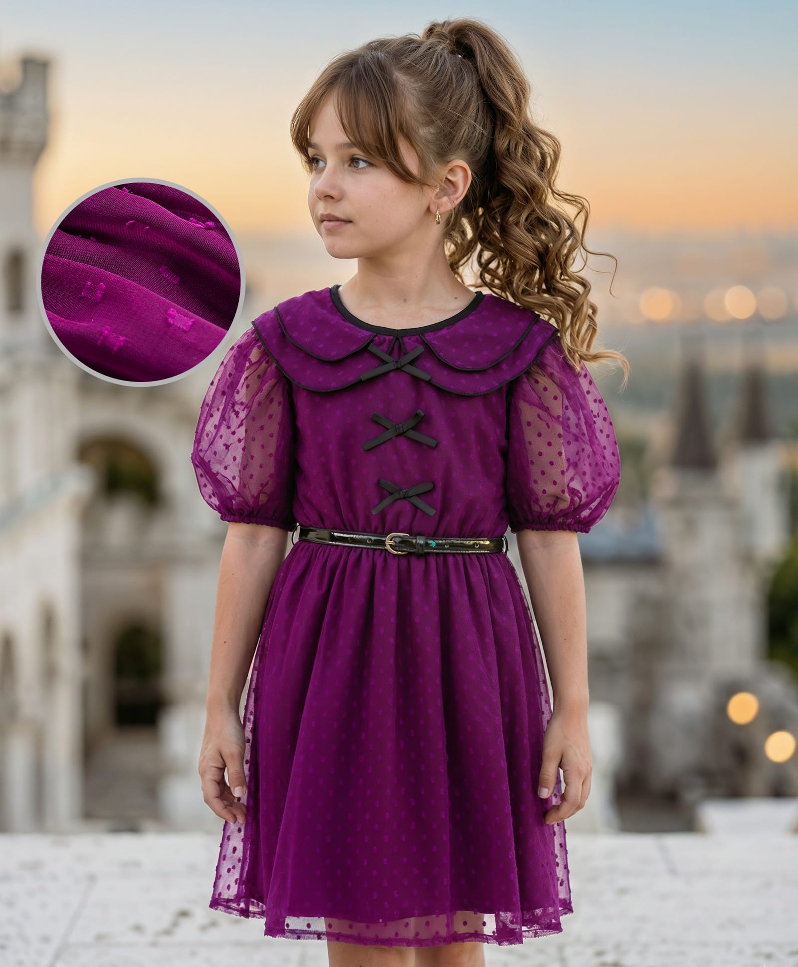 Hola Bonita Woven Half Sleeves Knee Length Solid Dress With Belt - Purple-image-4