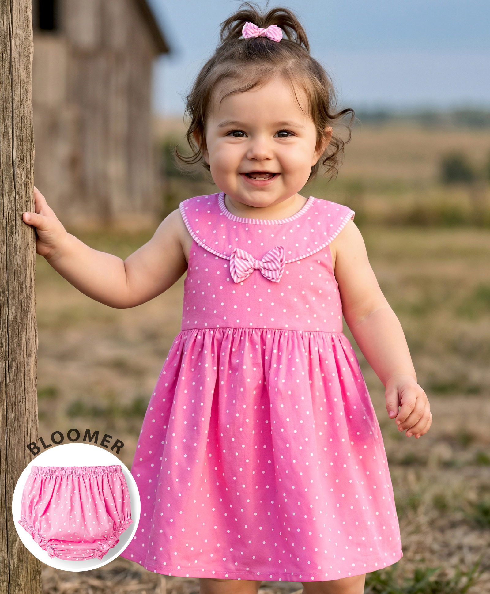 Babyhug Poplin Woven Sleeveless Polka Dot Printed Frock with Bloomer & Bow Applique - Pink-image-23