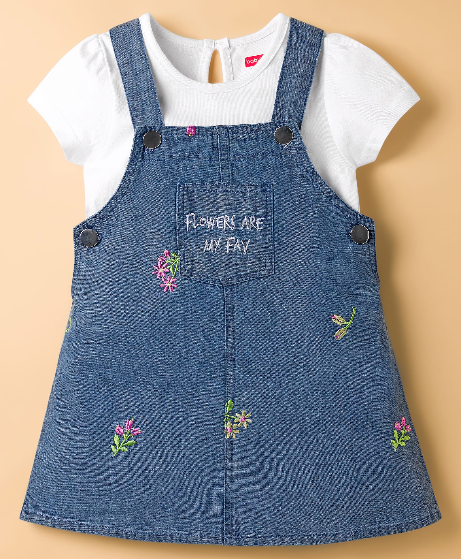 Babyhug 100% Cotton Woven Half Sleeves Floral Embroidered Frock With Inner Tee - Blue