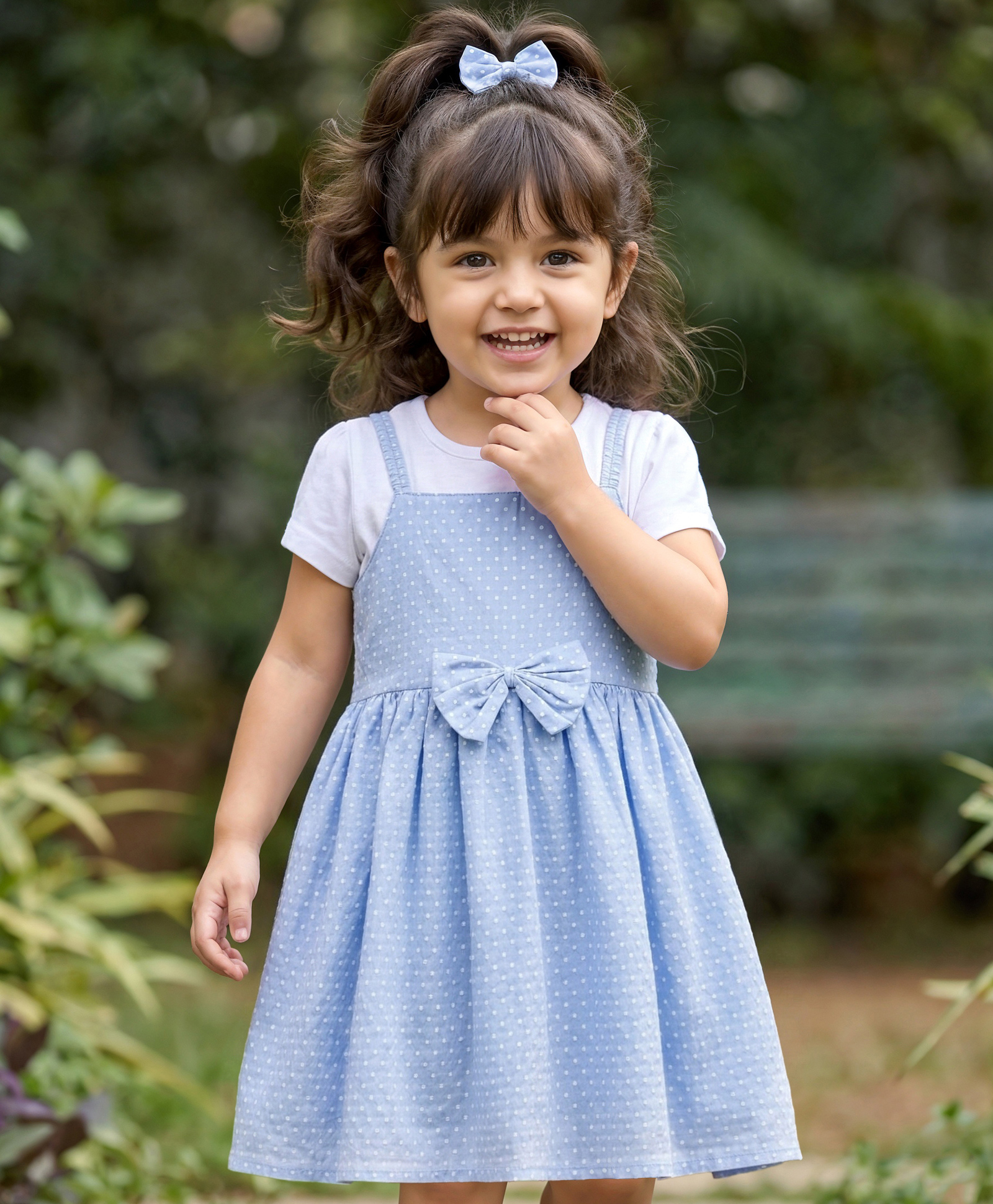 Babyhug Mesh Knit Half Sleeves Polka Dots Printed Frock With Inner Tee & Bow Applique - Light Blue-image-21