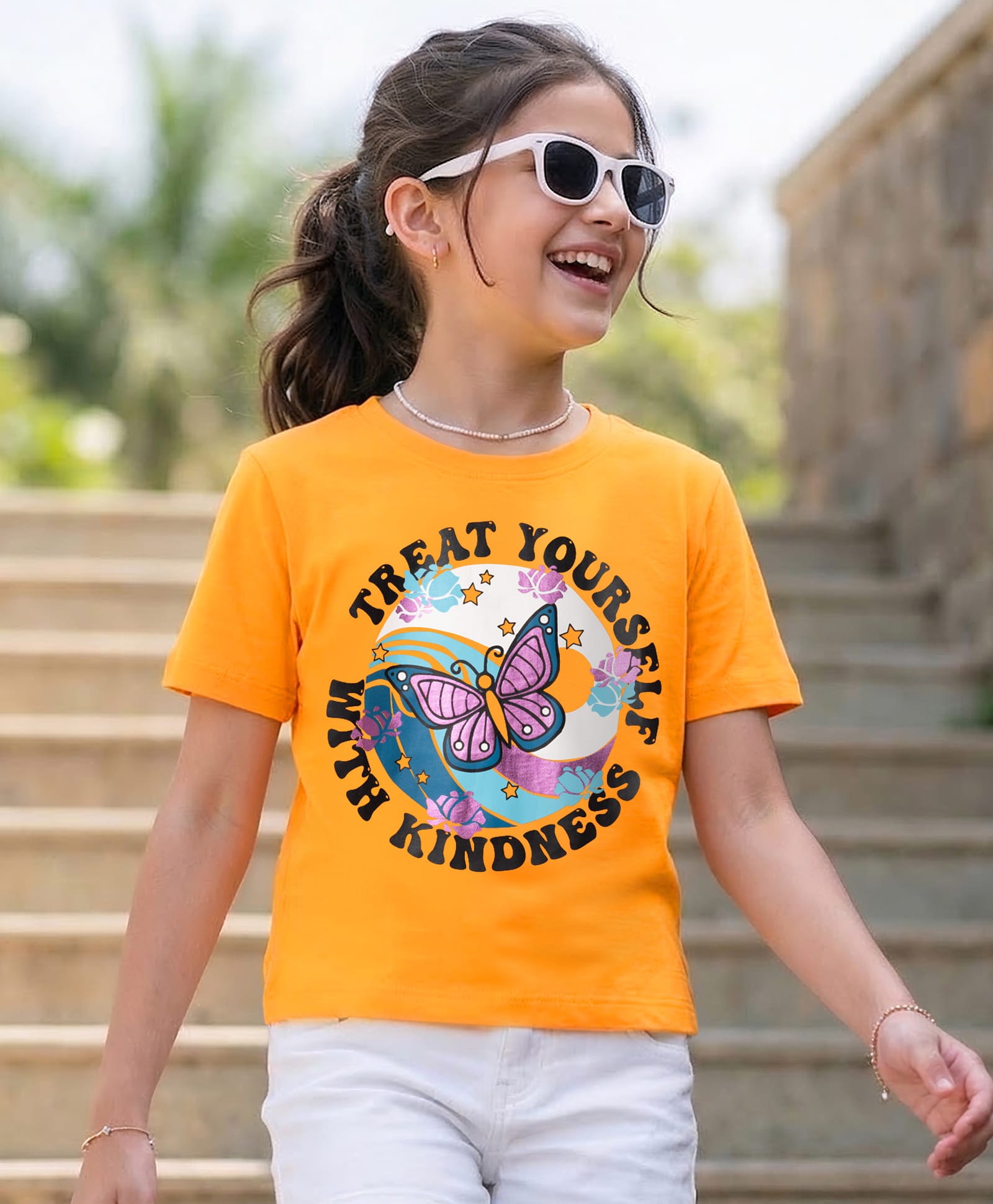 Pine Kids 100% Cotton Knit Half Sleeves Butterfly Printed T-Shirt - Orange-image-41