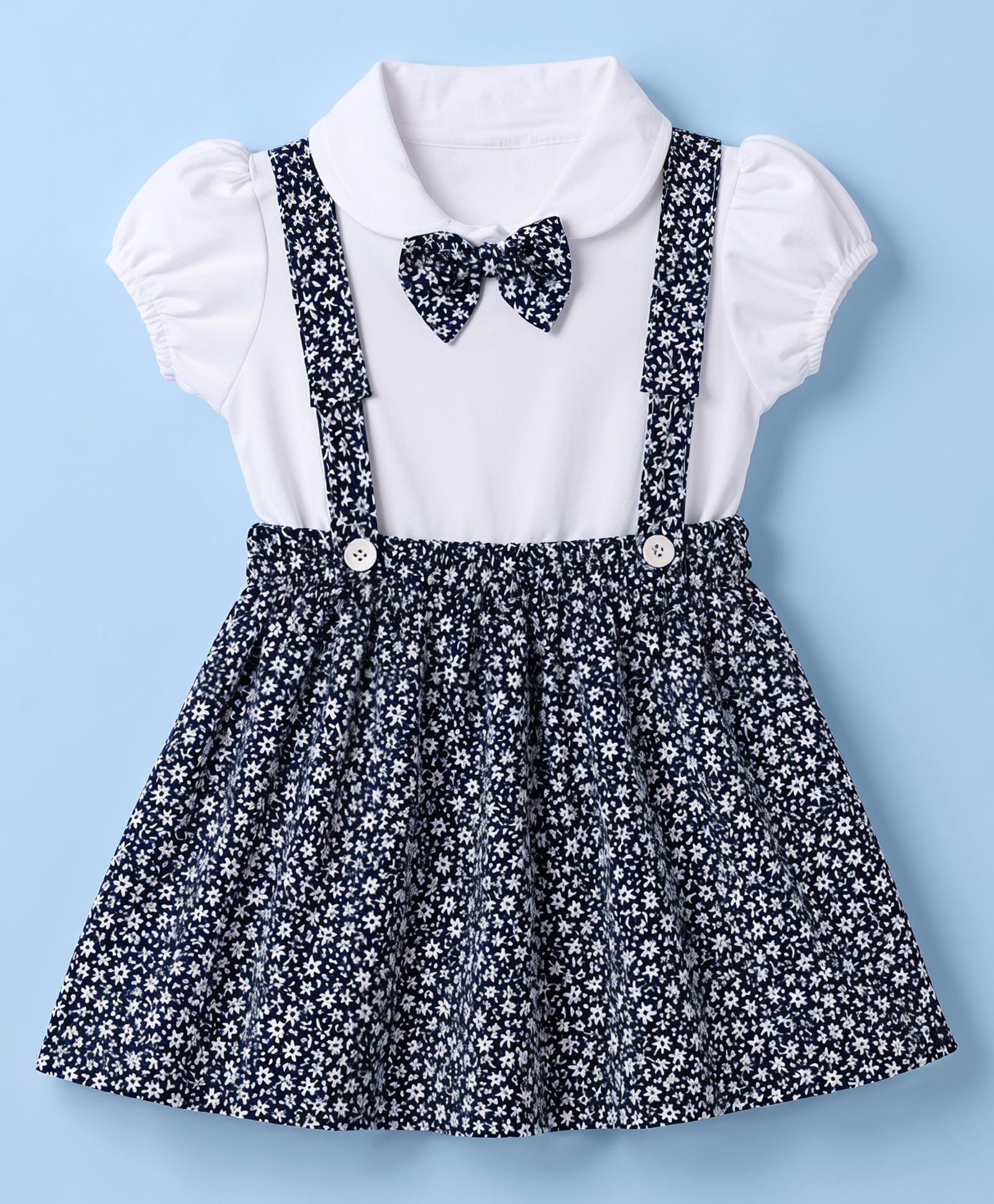 Dew Drops Poplin Knit Half Sleeves Top & Floral Printed Skirt Set with Floral Print -Navy Blue-picture-30