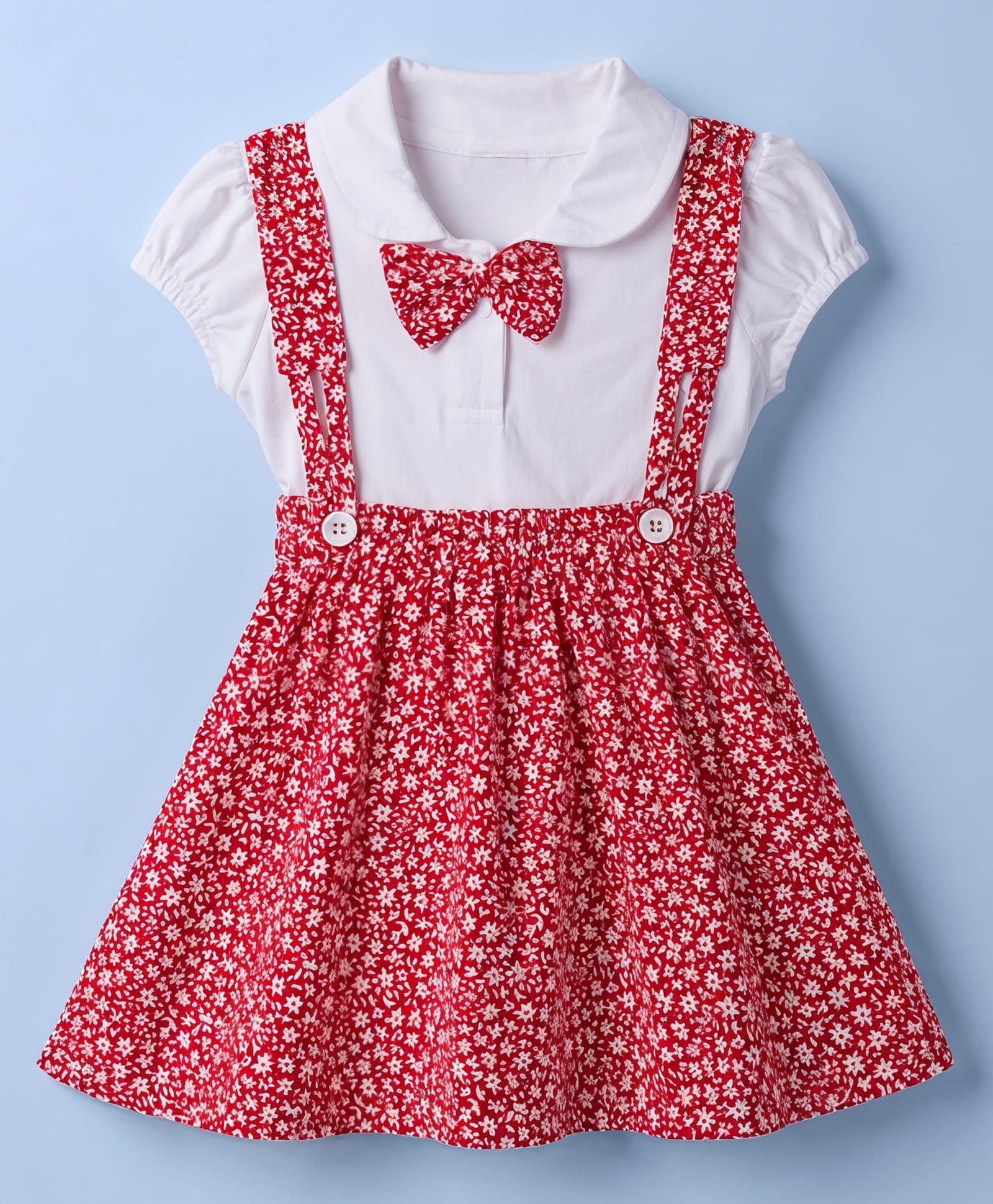 Dew Drops Poplin Knit Half Sleeves Top & Floral Printed Skirt Set with Floral Print- Red-picture-29