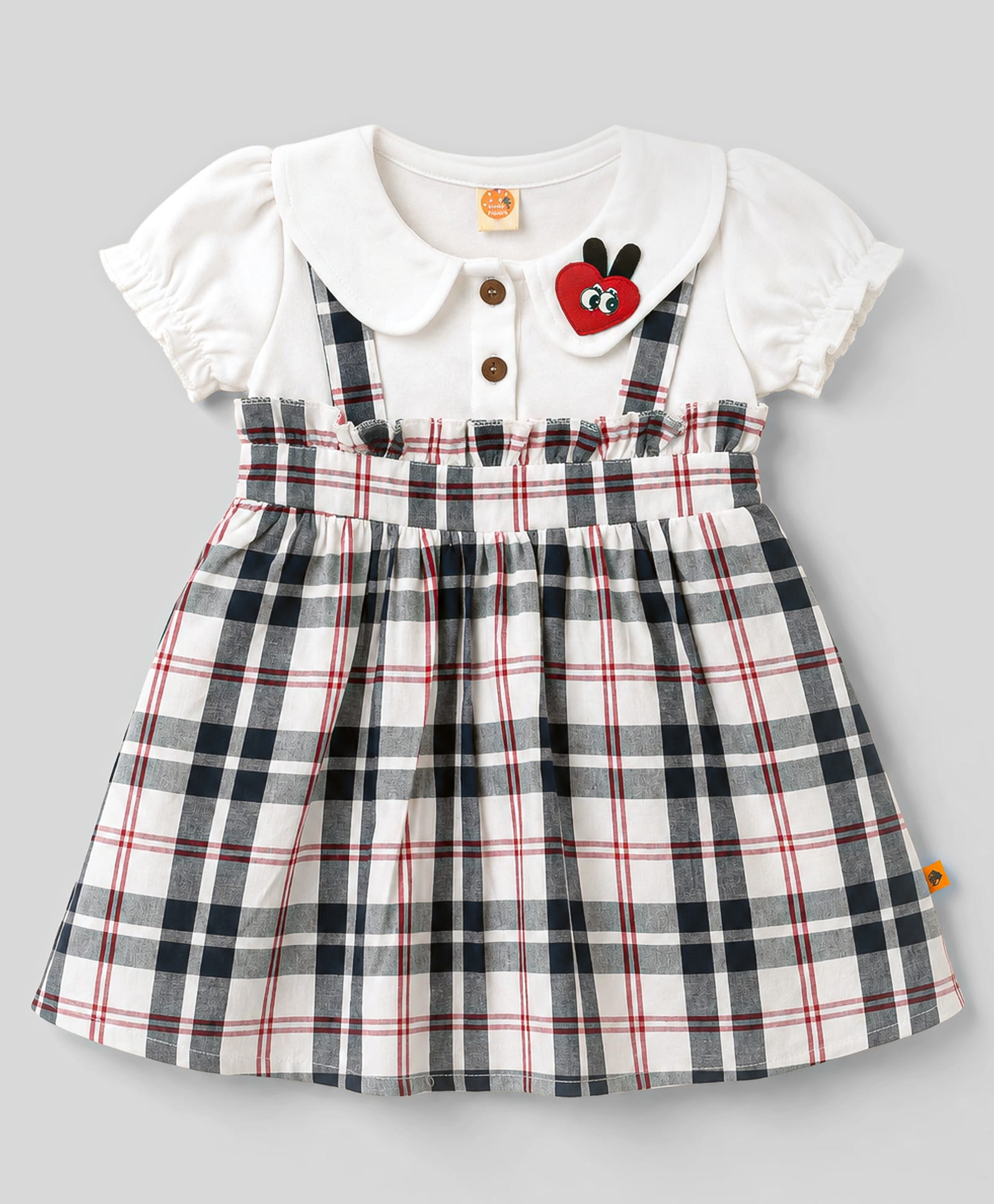 Dew Drops Poplin Knit Half Puffed Sleeves Peter Pan Collared Checked Frock - Navy-image-31
