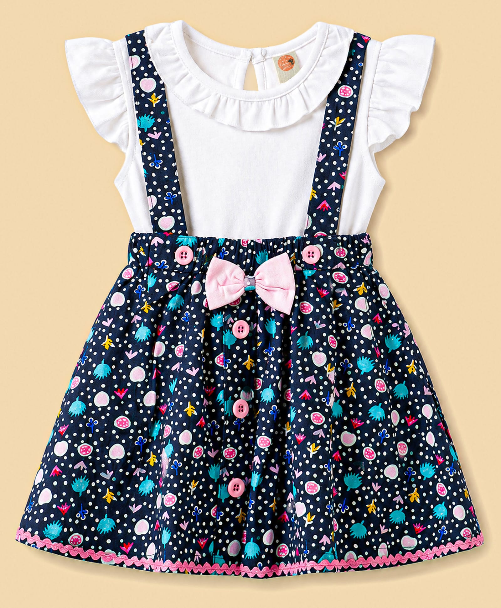 Dew Drops Poplin Knit Flutter Sleeves Top & Floral Printed Skirt with Suspender & Bow - Navy Blue-image-27