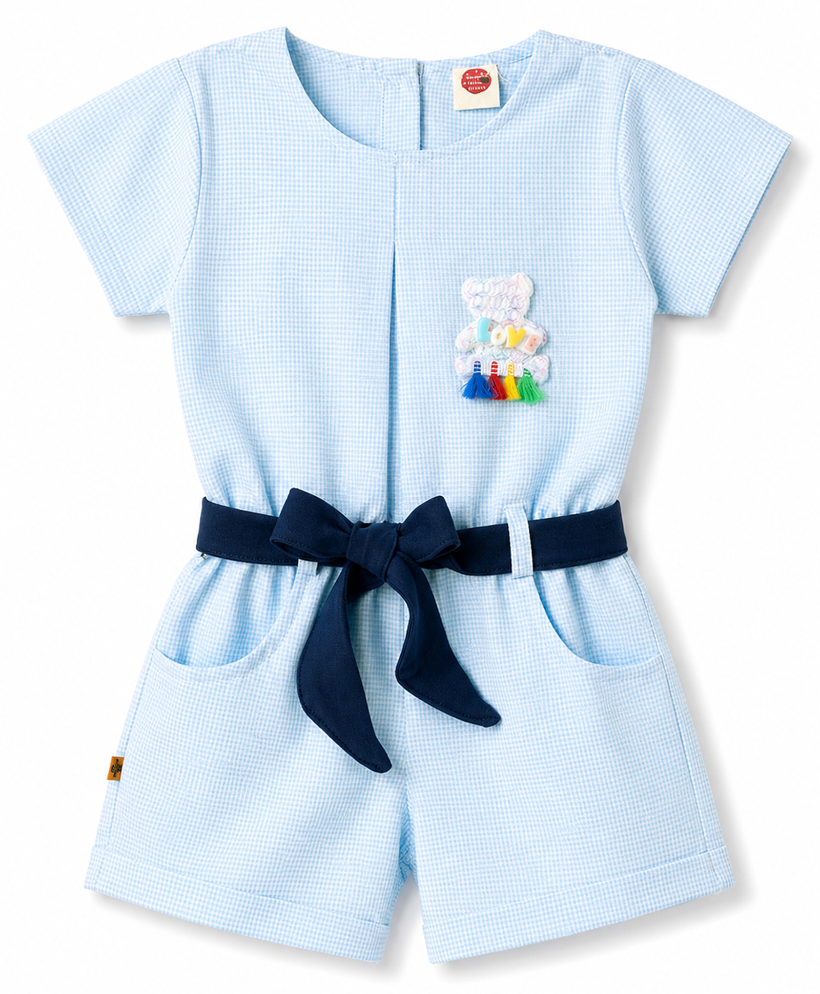 Dew Drops Woven Half Sleeves Jumpsuit With Bear Patch & Belt - Light Blue-image-22