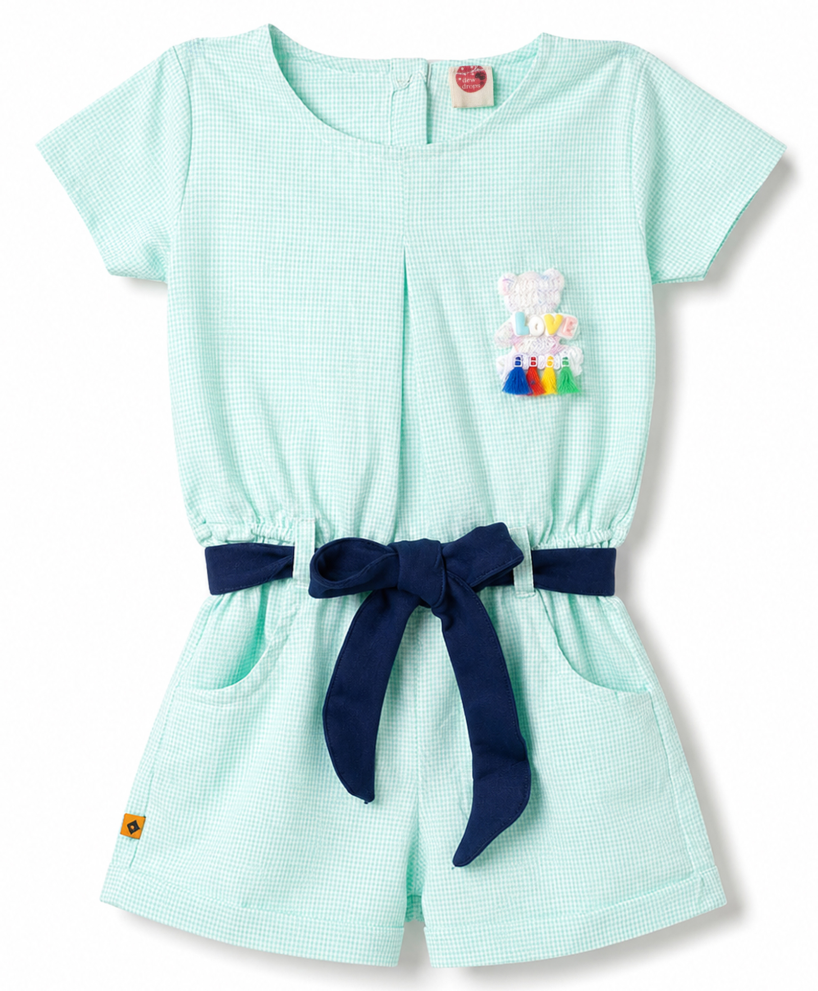 Dew Drops Woven Half Sleeves Jumpsuit With Bear Patch & Belt - Light Green-picture-19