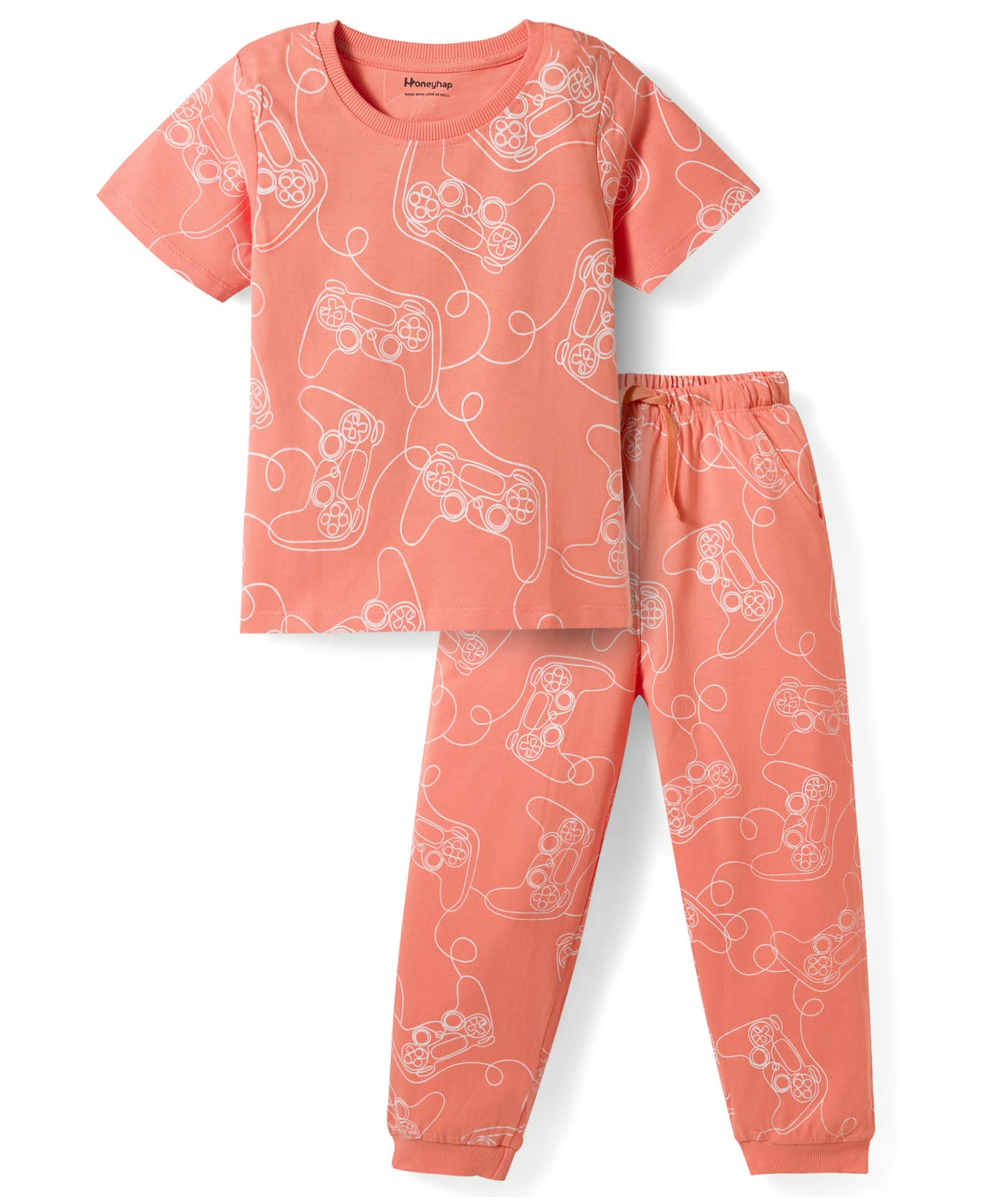 Honeyhap Premium 100% Cotton Knit Half Sleeves T-Shirt & Pajama Co -Ord Night Suit with Bio Finish Game Controller Print - Canyon Sunset-picture-24