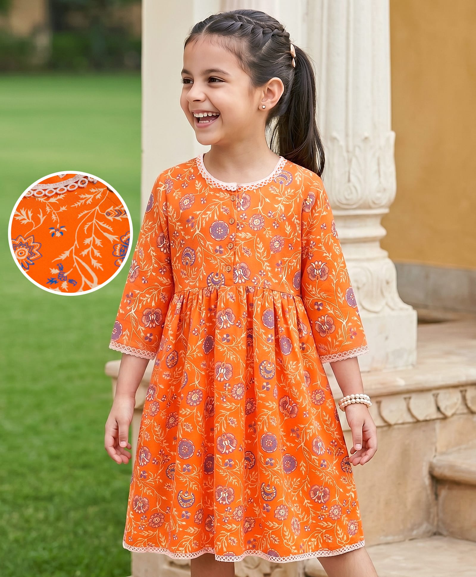 EARTHY TOUCH 100% Cotton Knit Full Sleeves Floral Printed Ethnic Dress - Orange-image-22