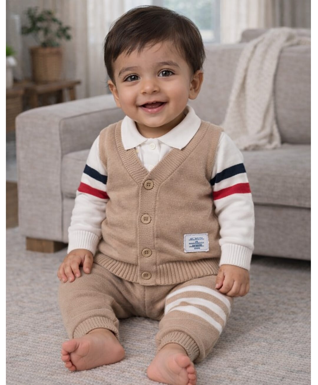 Little Surprise Box Blended Knit Full Sleeves Striped Winter Shirt & Pants Set - Beige-image-33