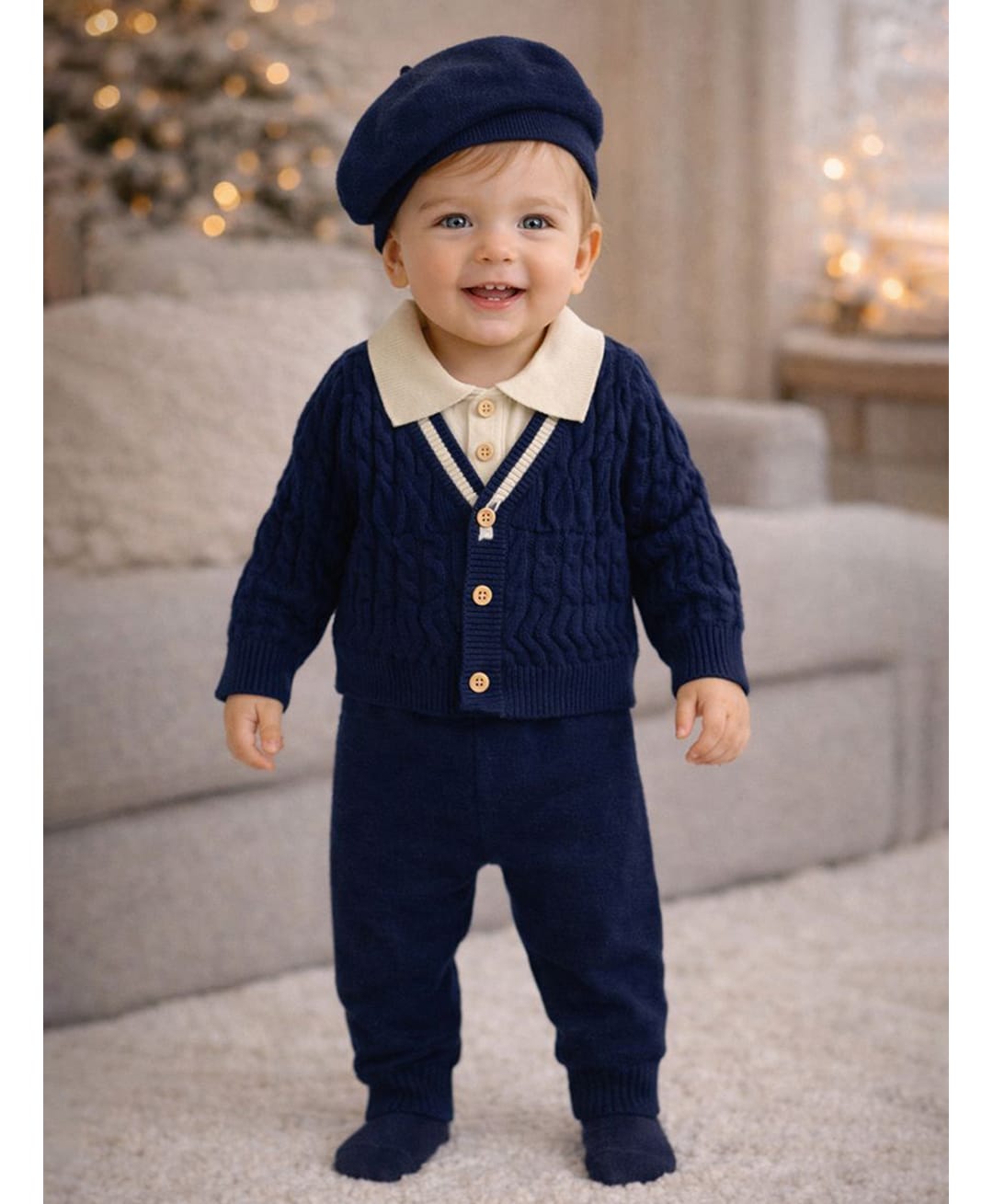 Little Surprise Box Blended Knitted Full Sleeves Cable Knit Designed Winter Shirt & Pants Set With Cap - Navy Blue - Circumference 14cm-image-8