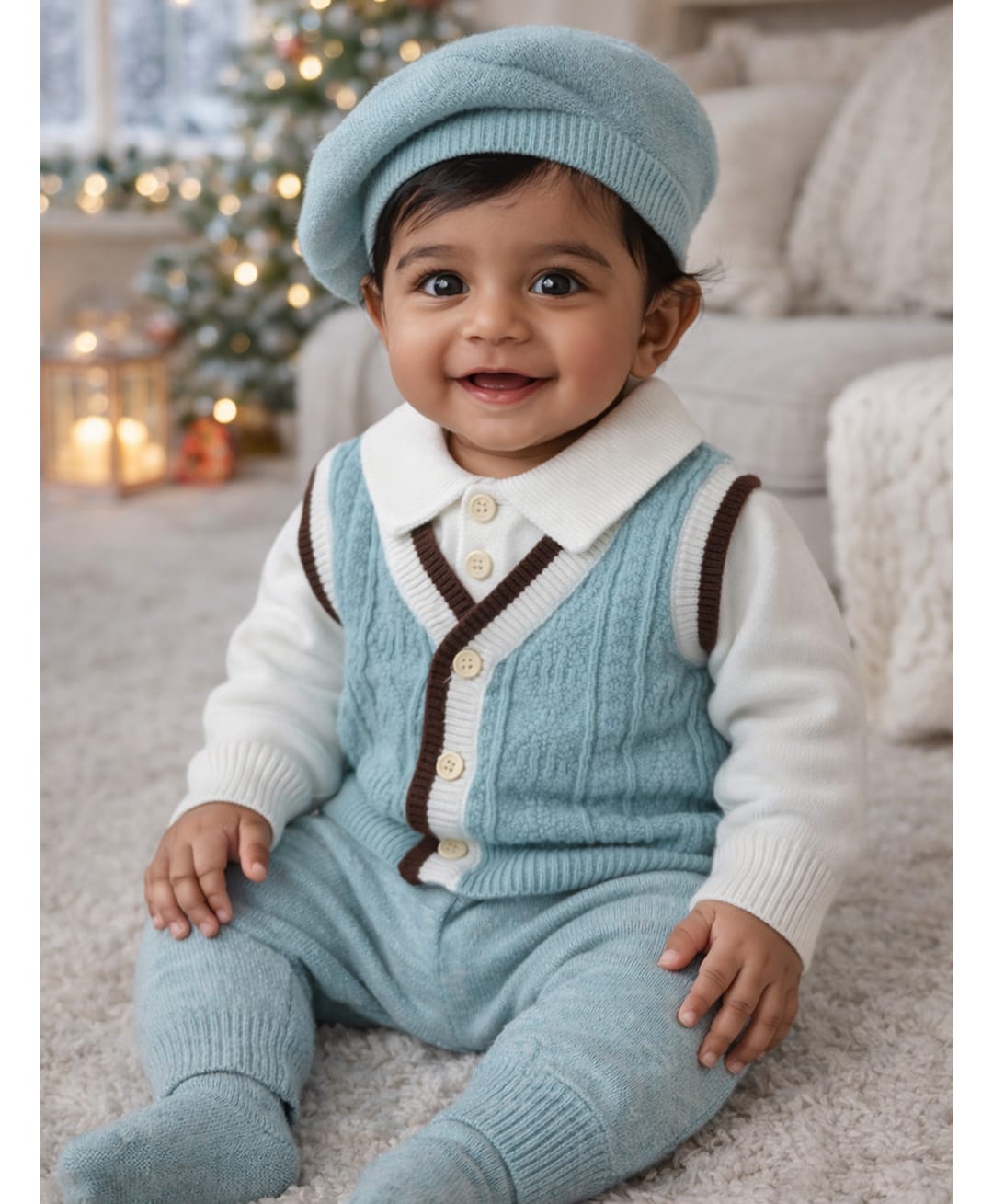 Little Surprise Box Blended Knitted Full Sleeves Cable Knit Designed Winter Shirt & Pants Set With Cap - Teal - Circumference - 14cm-picture-26