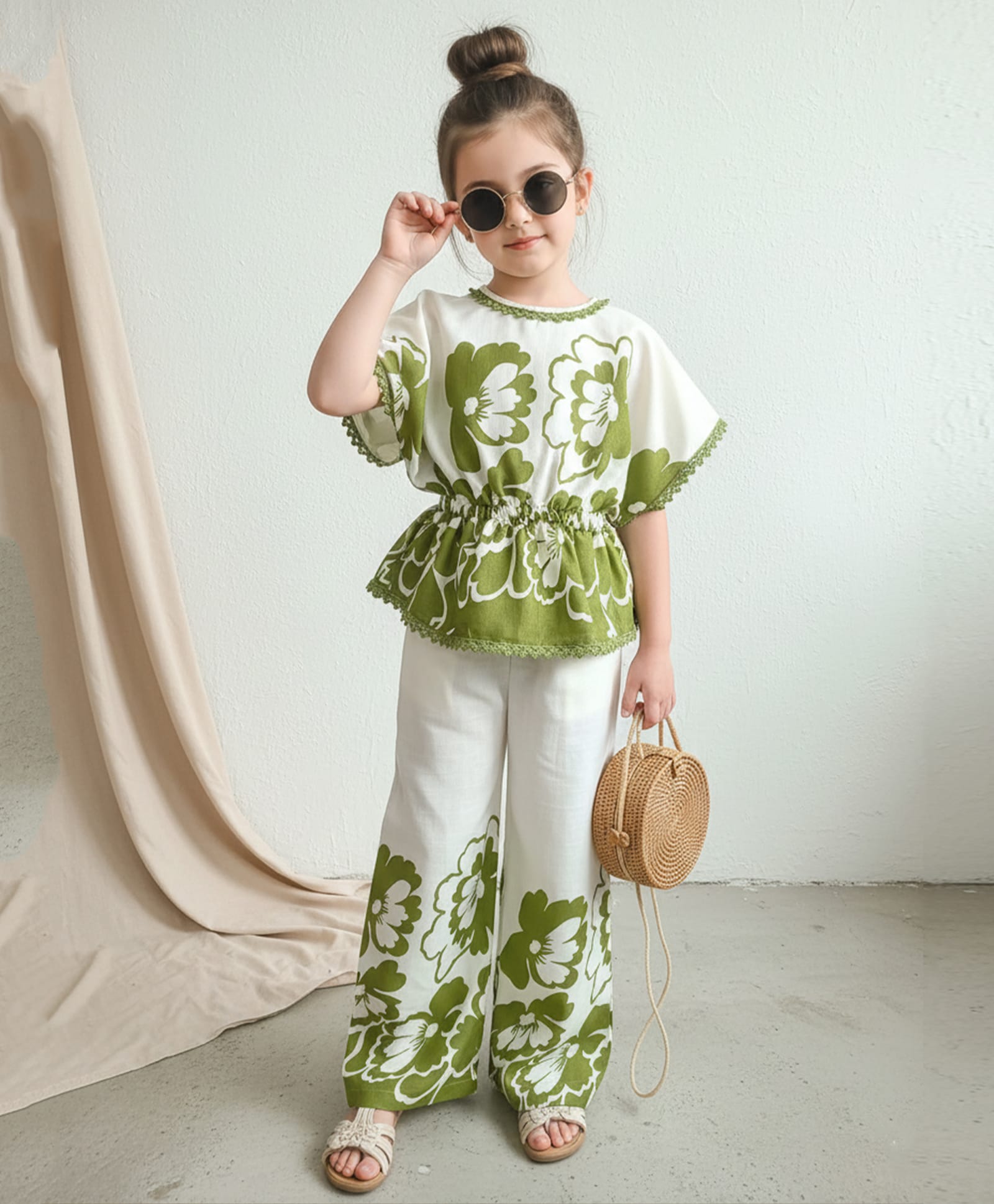 Cutiekins Rayon Woven Half Batwing Sleeves Floral Printed Top & Palazzo Set - Mehndi Green & Off White-picture-21