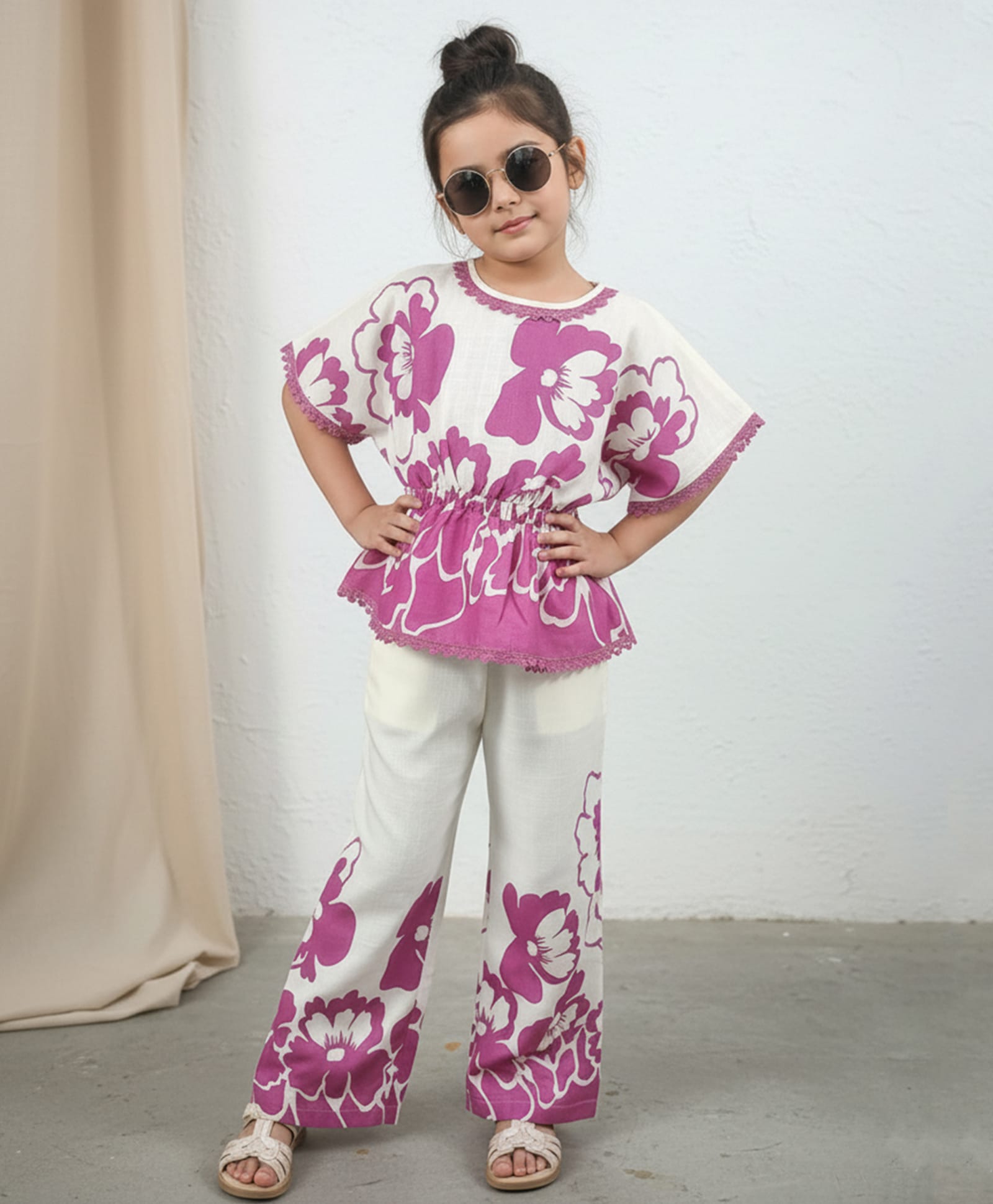 Cutiekins Rayon Woven Half Batwing Sleeves Floral Printed Top & Palazzo Set - Pink & Off White-picture-26