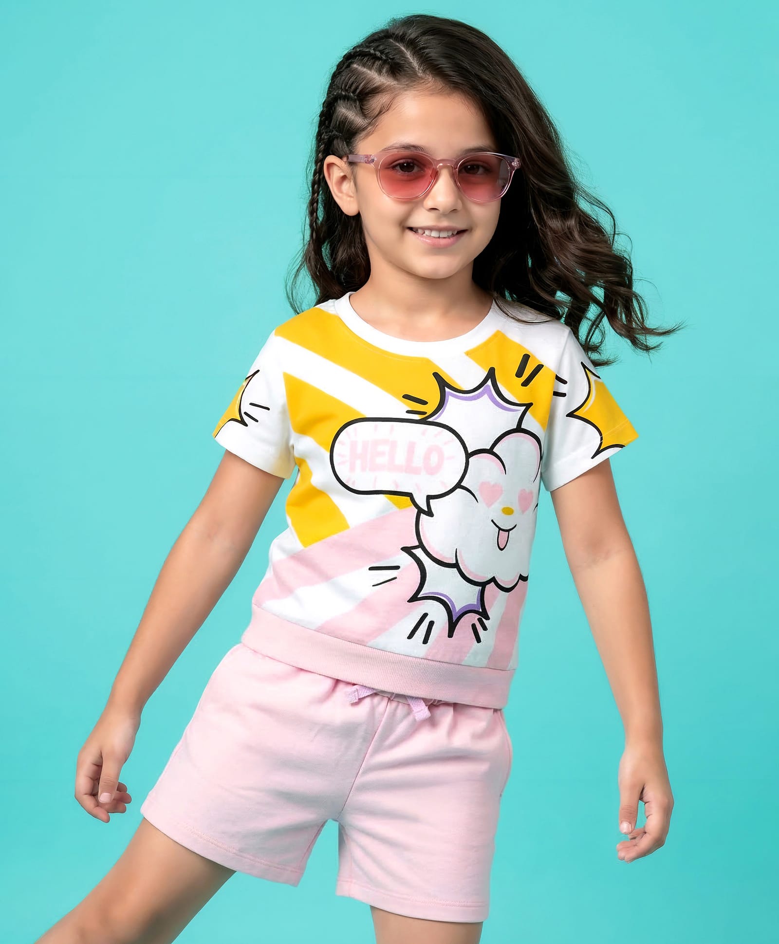 OLLINGTON ST. Cotton Knit Half Sleeves Top With Print & Shorts Set - Multicolor-image-4