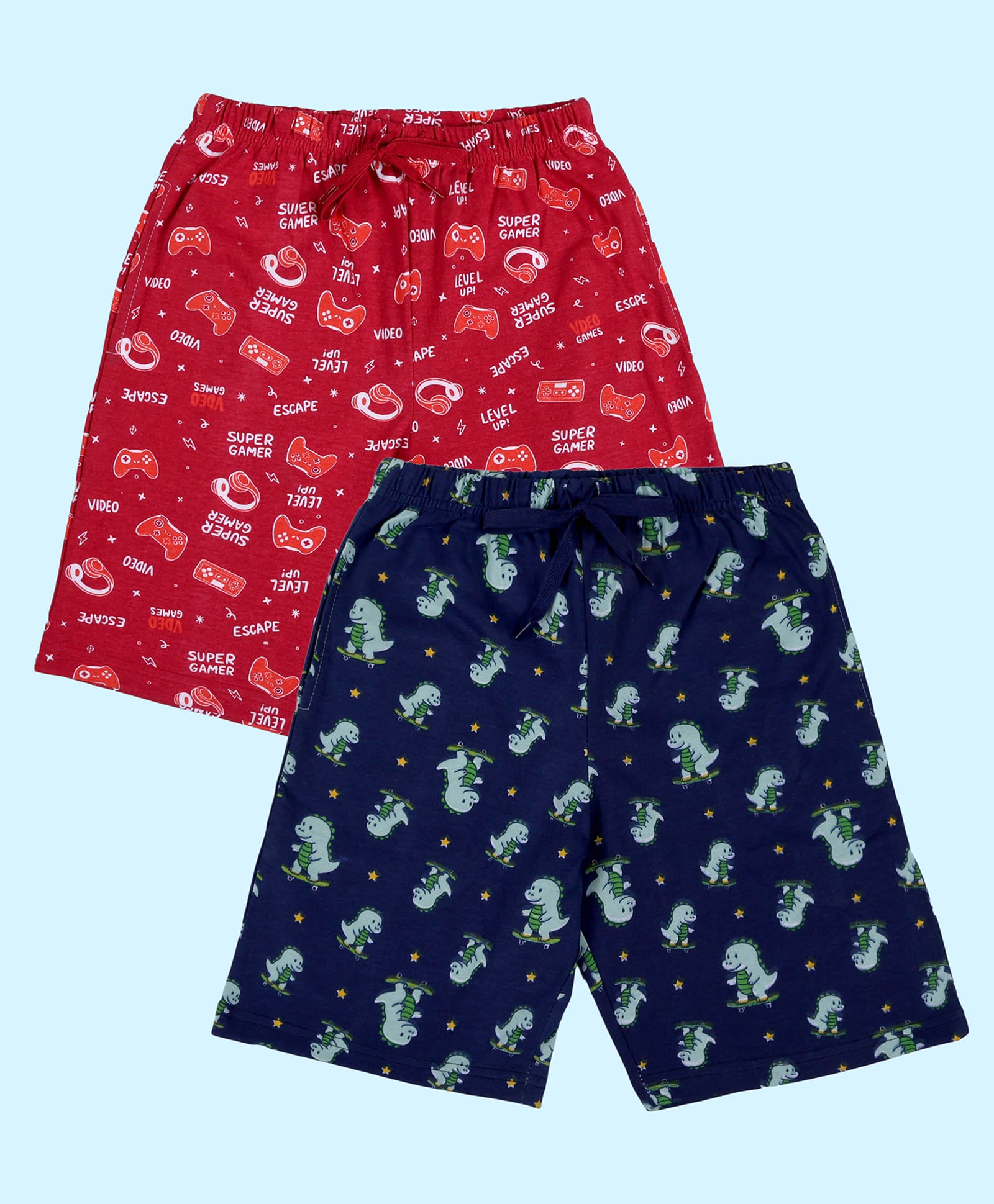 Kiddopanti Cotton Knit Pack Of 2 Gaming Console & Dinosaur Printed Shorts - Maroon & Navy Blue-picture-14