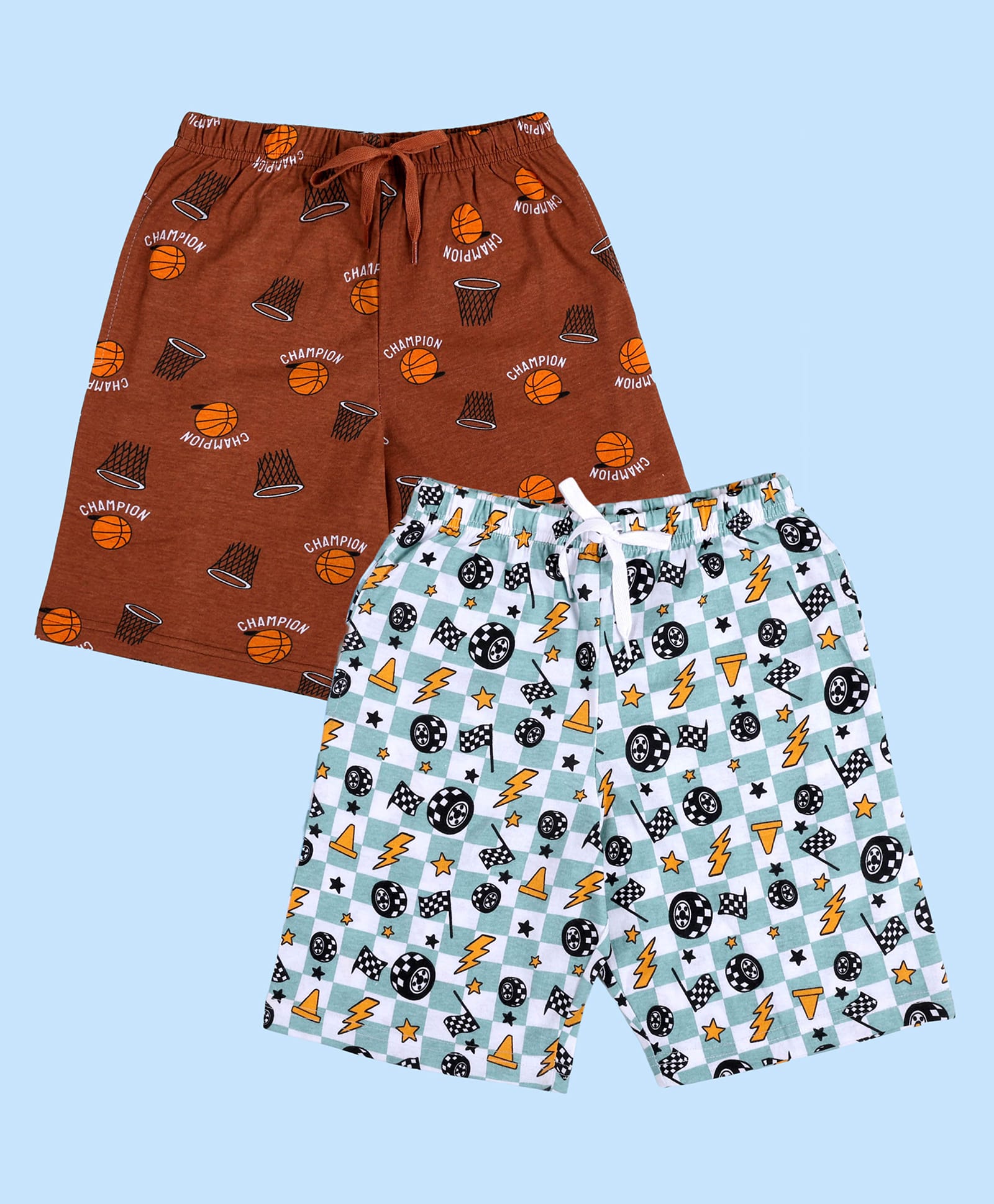 Kiddopanti Cotton Knit Pack Of 2 Racing Theme & Basketball Champion Text Printed Shorts - Light Green & Brown-picture-10