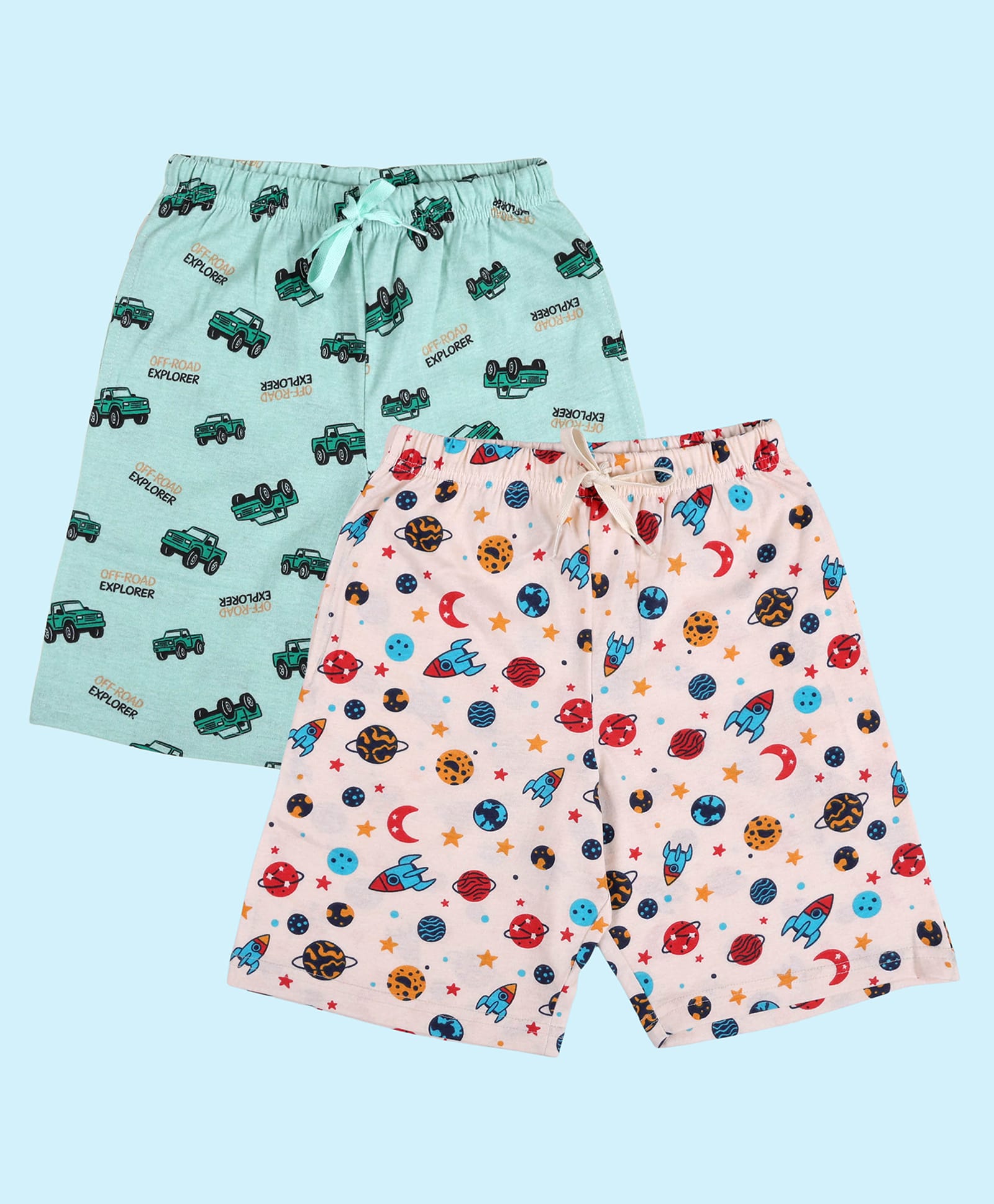 Kiddopanti Cotton Knit Pack Of 2 Off Road Explorer Text Car & Space Theme Printed Shorts - Light Green & Off White-picture-33