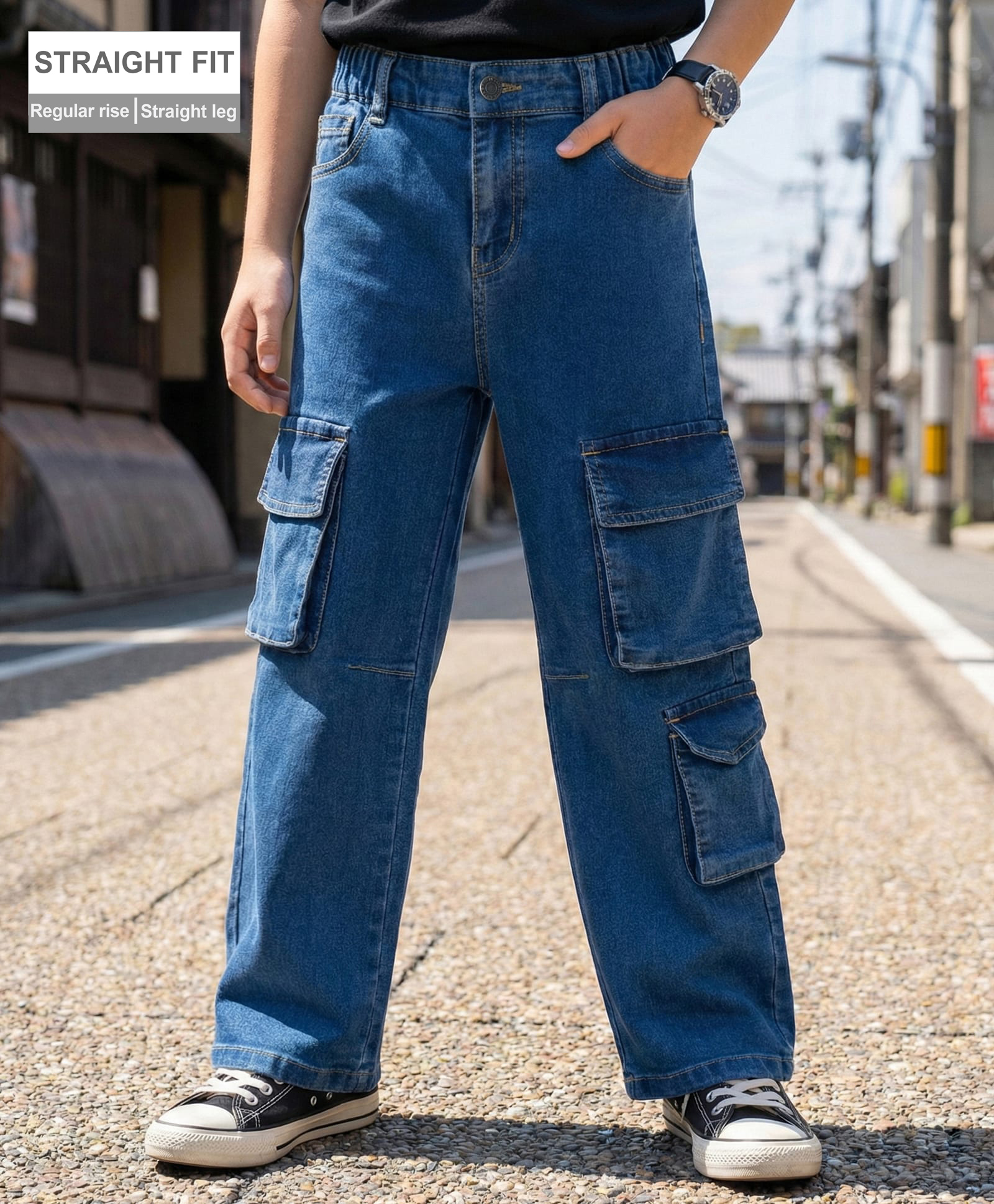 arias by lara dutta Arias Cotton Elastane Woven Straight Fit Washed Cargo Jeans - Blue-picture-17