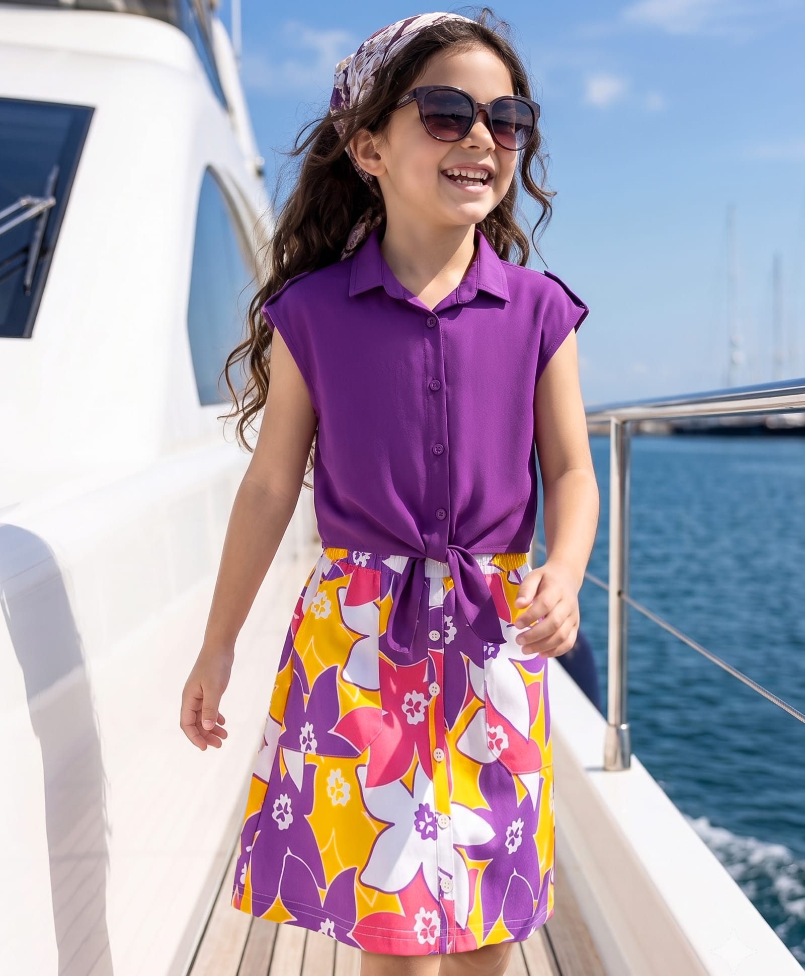 OLLINGTON ST. Cotton Sinker Knit Half Sleeves Top & Floral Knit Skirt Set - Purple-image-26