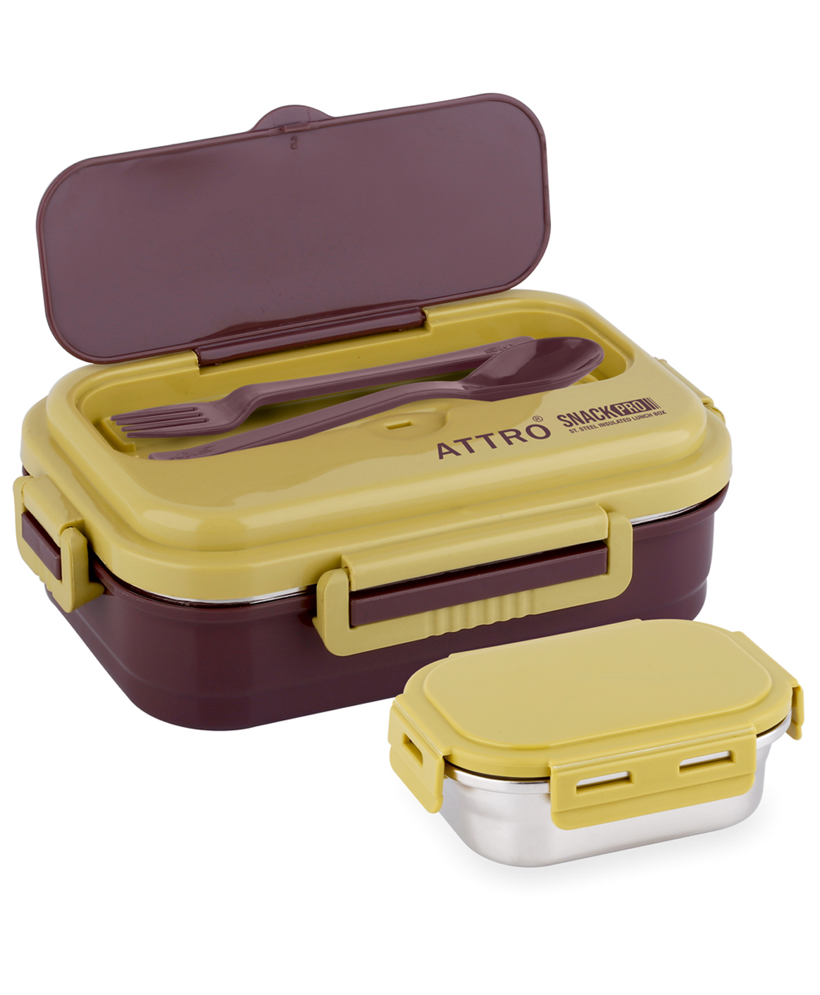 ATTRO SnackPro Insulated Lunch Box with 1 Small Container, Fork & Spoon, Yellow Brown 800 ml & 250 ml-picture-44