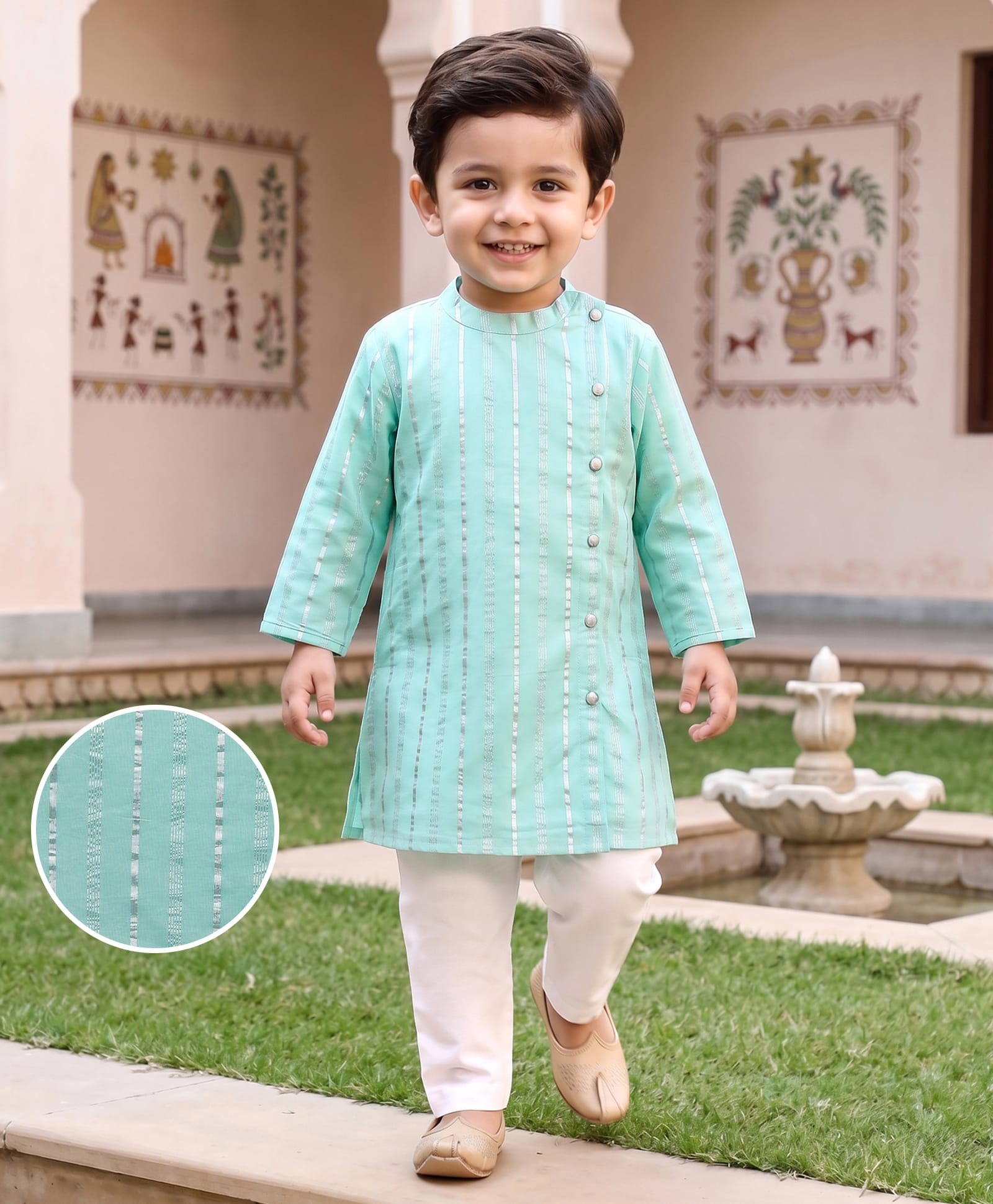 Babyhug Cotton Woven Full Sleeves Striped Kurta & Pyjama Set - Aqua Blue-picture-23