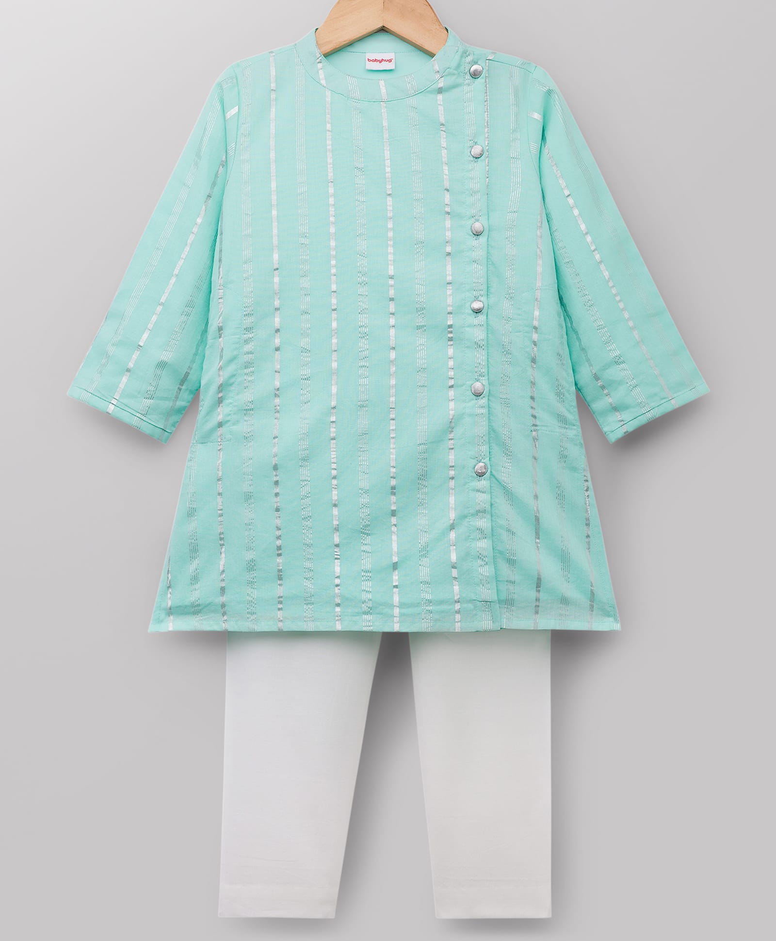 Babyhug Cotton Woven Full Sleeves Striped Kurta & Pyjama Set - Aqua Blue