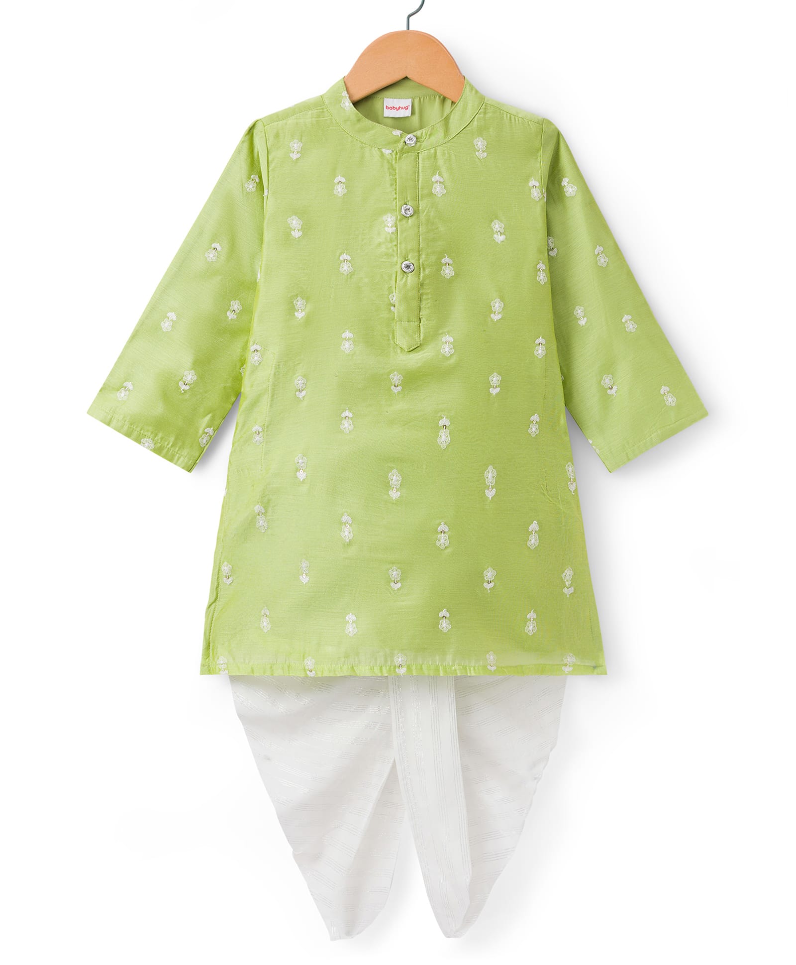 Babyhug Cotton Bled Woven Full Sleeves Kurta Dhoti Set with Floral Embroidery - Light Green