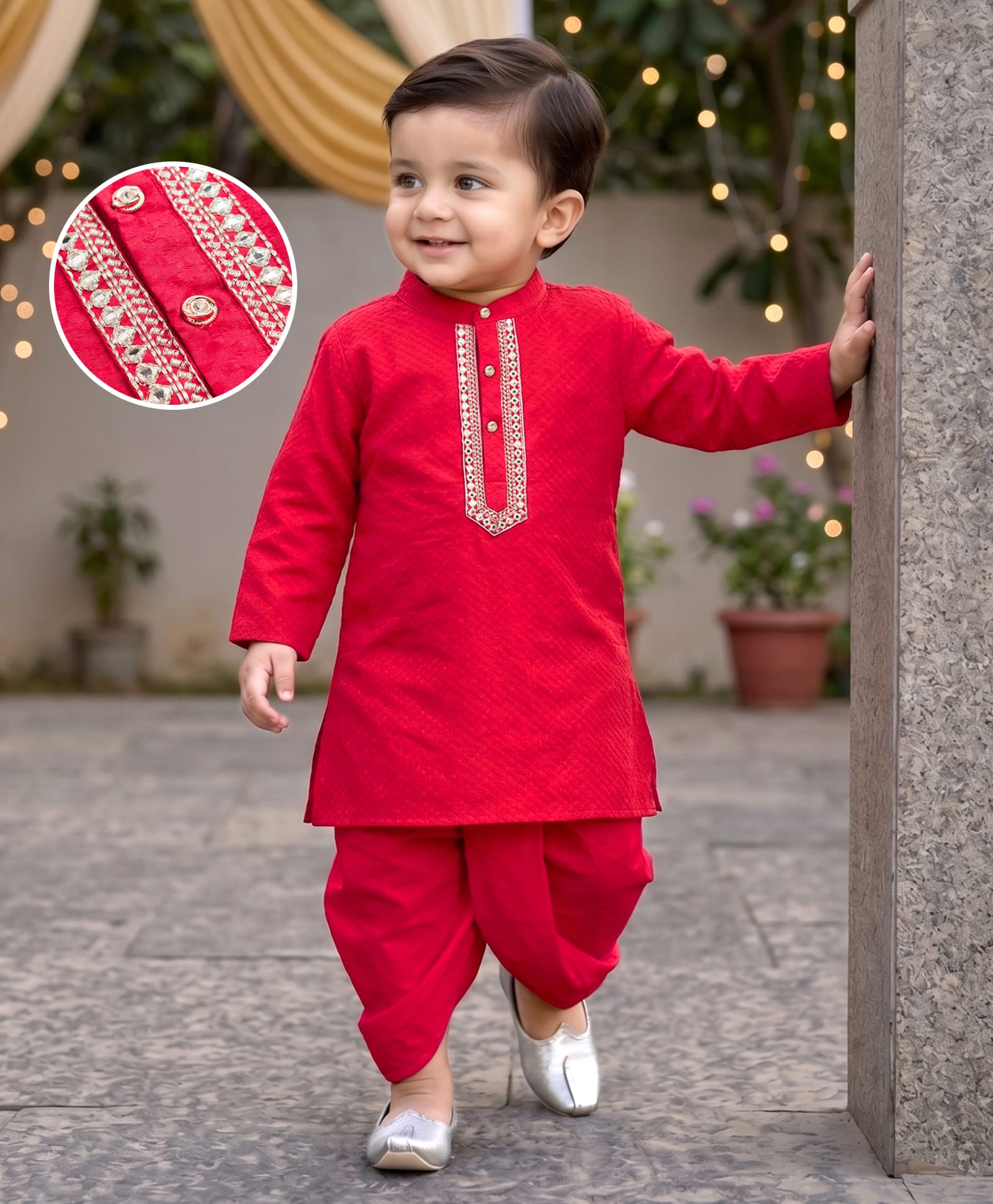 Babyhug Cotton Blend Woven Full Sleeves Solid Colour Dobby Embroidered Kurta Dhoti Set - Red-picture-11