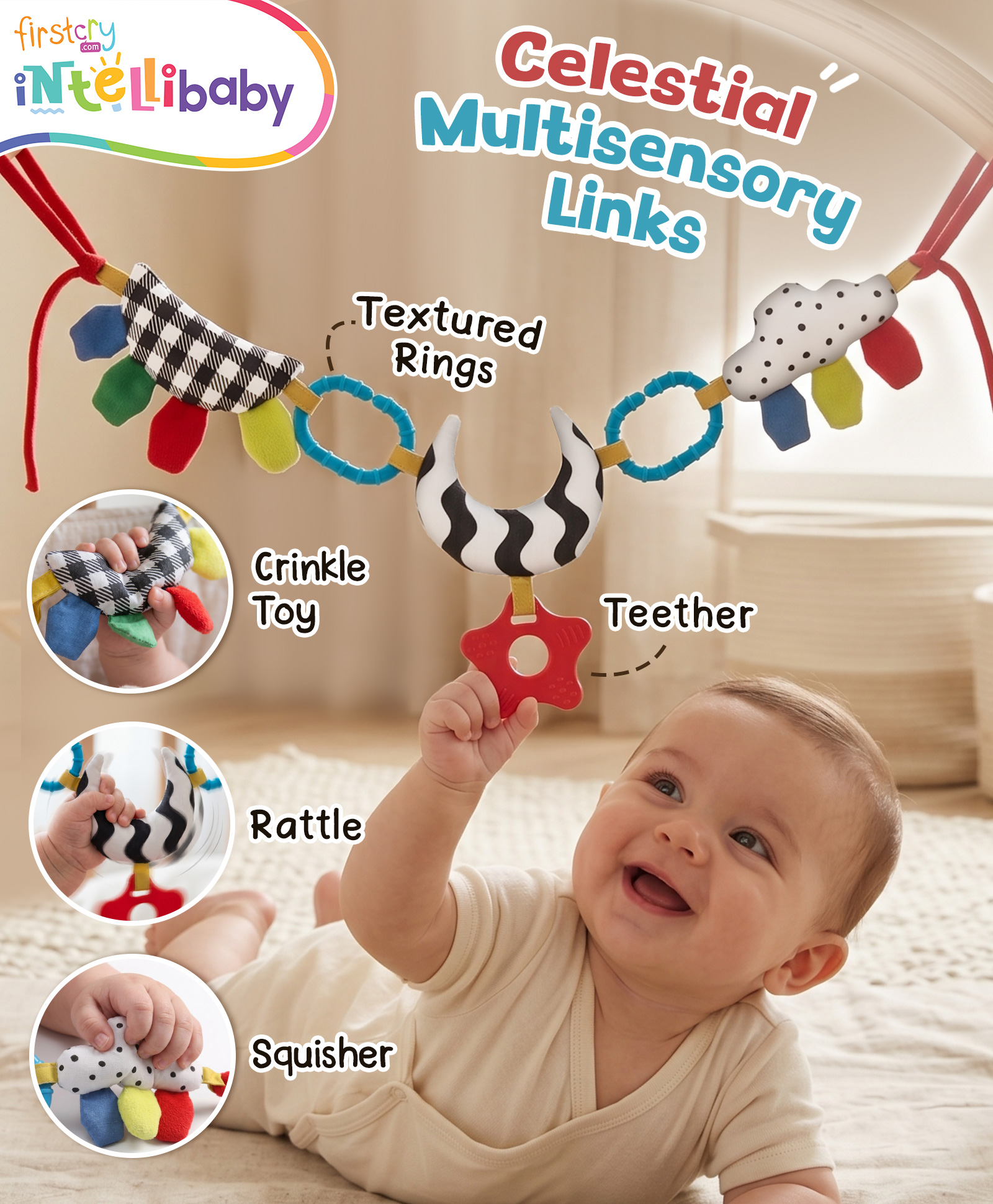 Intellibaby Celestial Multisensory Links | Sun Crinkle, Moon Rattle, Cloud Squeaker, 2 Strings, 2 Textured Plastic Rings, 1 Teether, Tags | Monochrome to Colour Transition |BIS Certified |For Gifting-picture-13