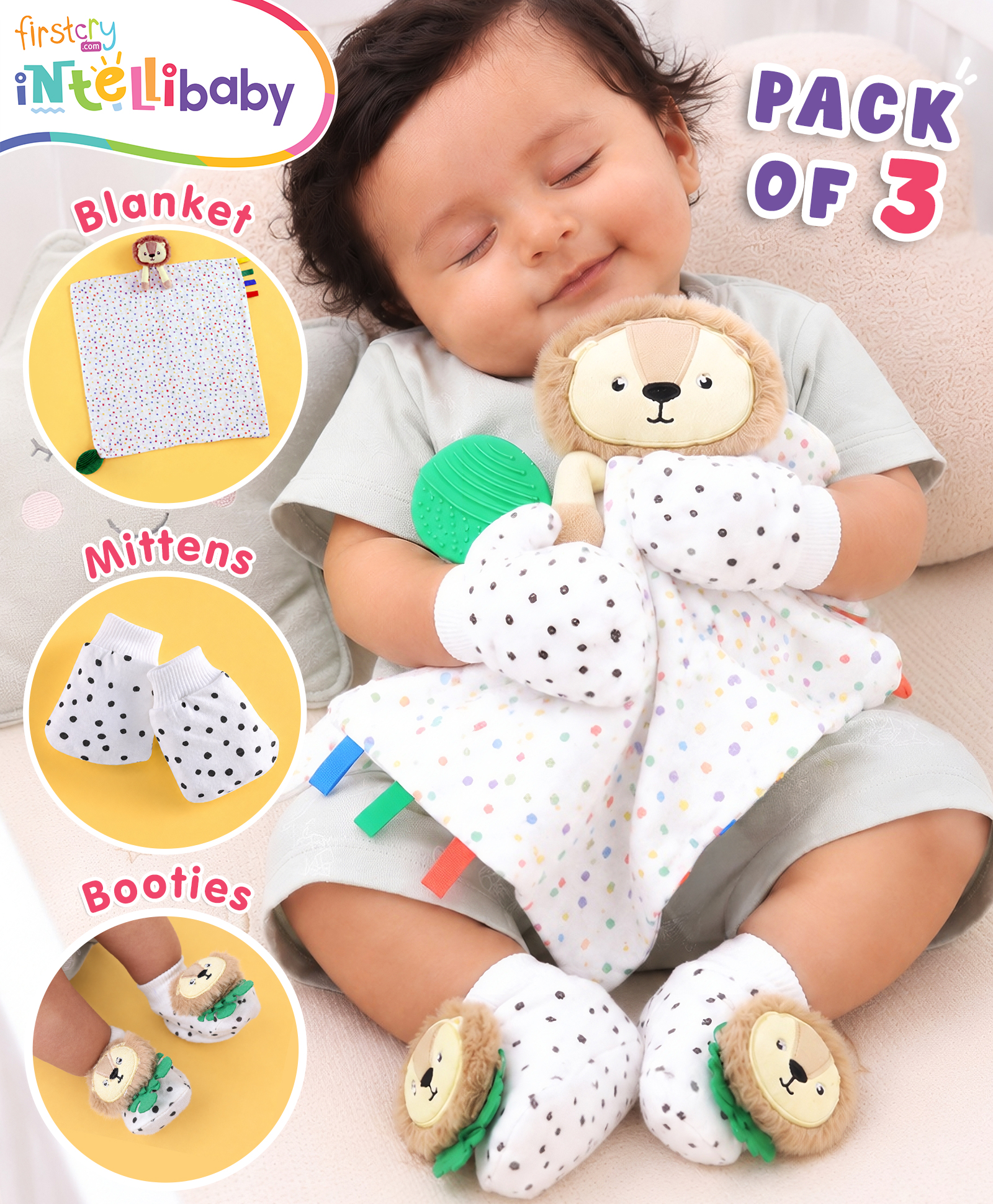 Intellibaby 3-in-1 Lion Snug N' Cuddle Set | Plush Toy Security Blanket with Teether & Tags, High-Contrast Mittens, Rattle Booties | Monochrome to Colour Transition | BIS Certified - Multicolor-picture-48