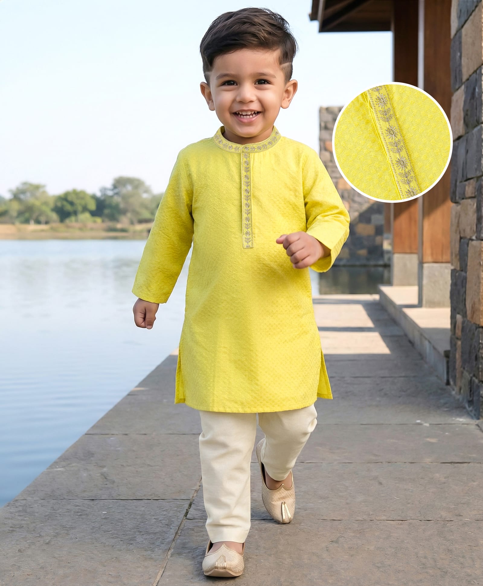 Babyhug Cotton Dobby Woven Full Sleeves Kurta Pajama Set with Dobby Embroidery - Limegreen-picture-18