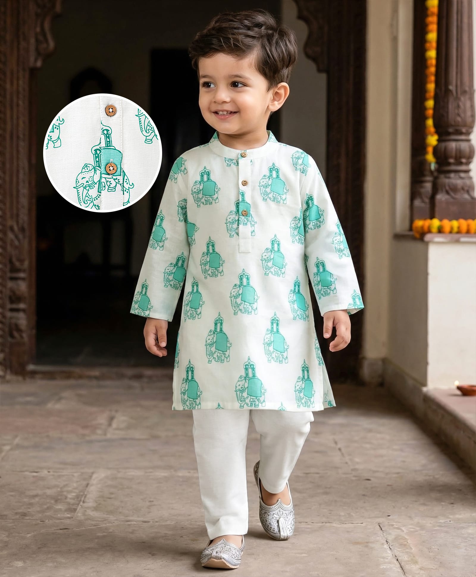 Babyhug Cambric Woven Full Sleeves Elephant Printed Kurta Pajama Set - White-image-24