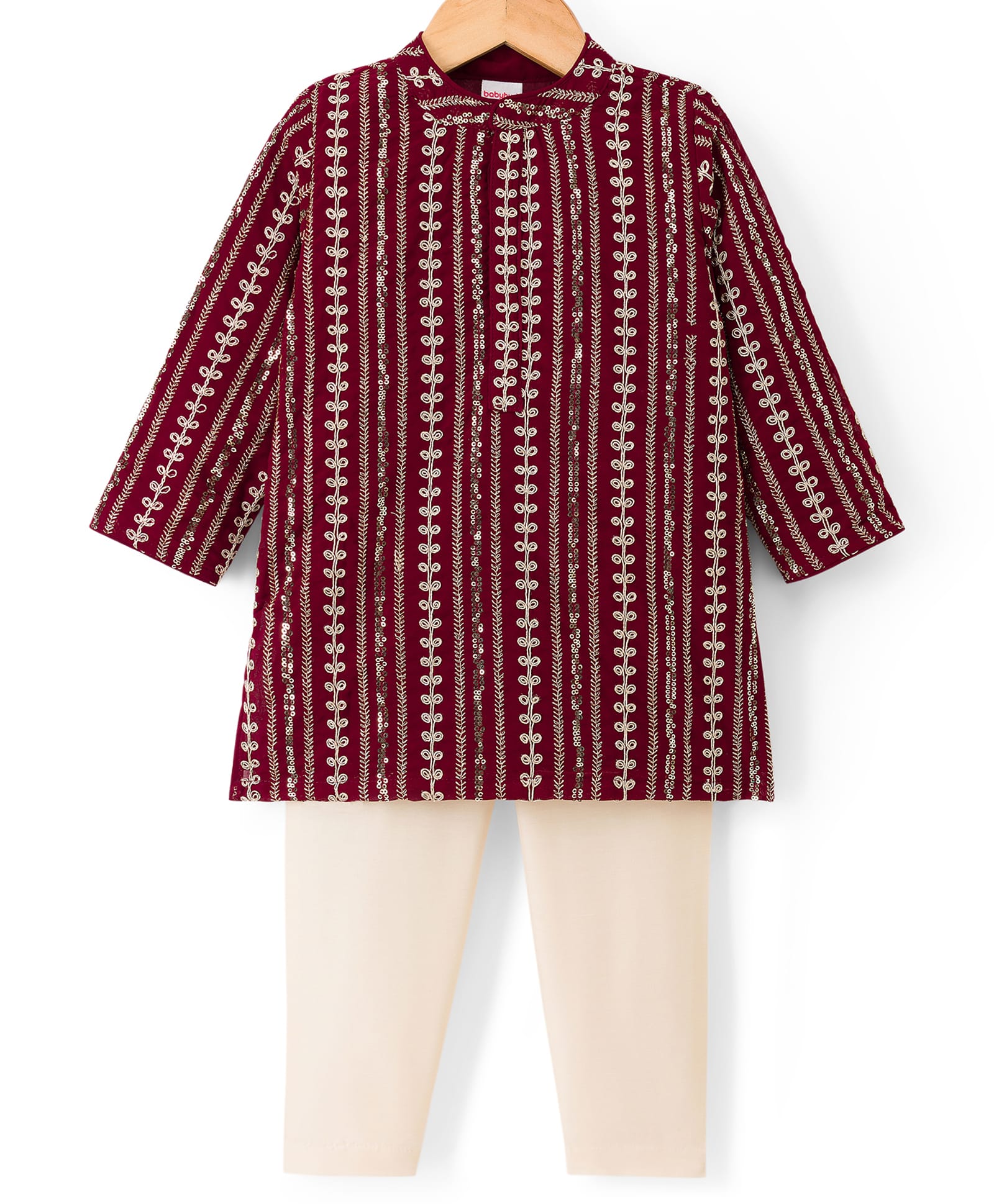 Babyhug Georgette Woven Full Sleeves Kurta Pyjama Set with Sequin & Embroidery Detailing - Maroon-image-11